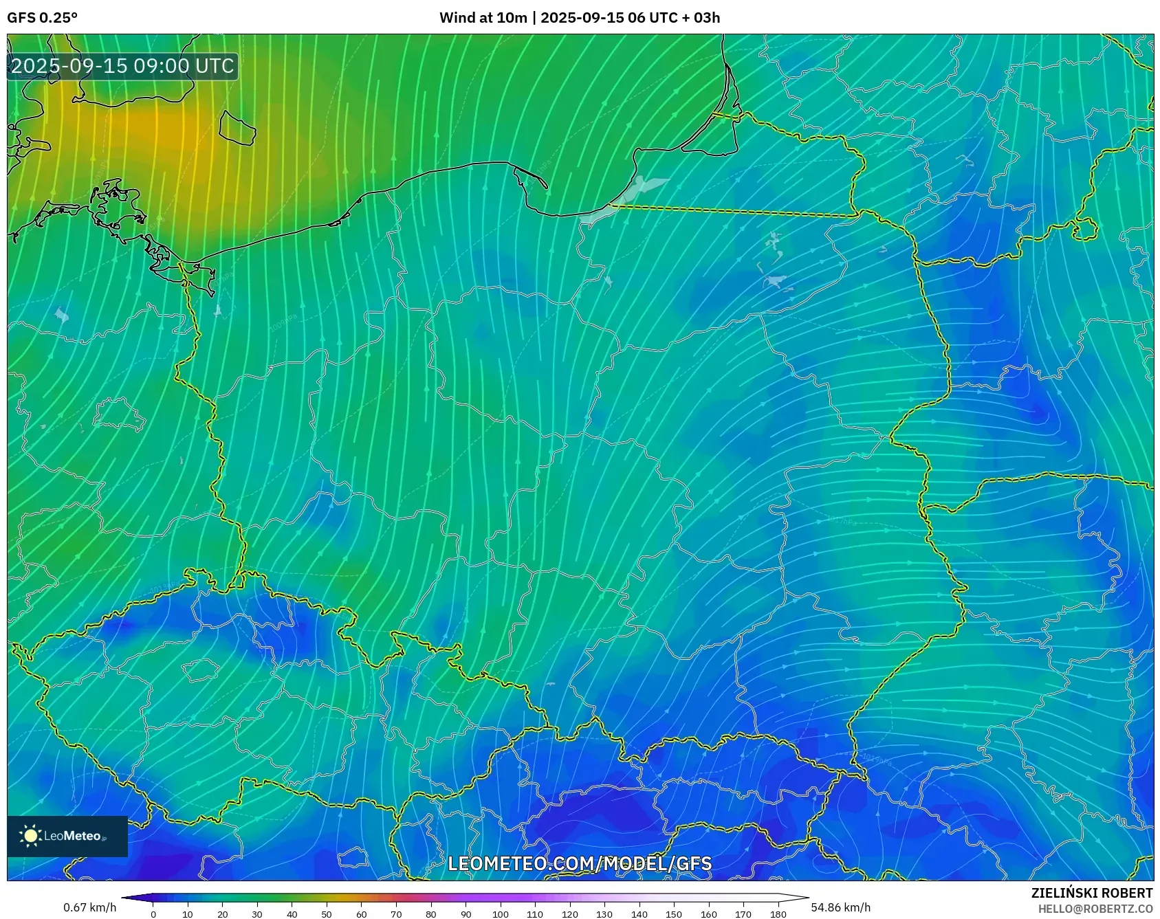 GFS model - Poland, Wind at 10m