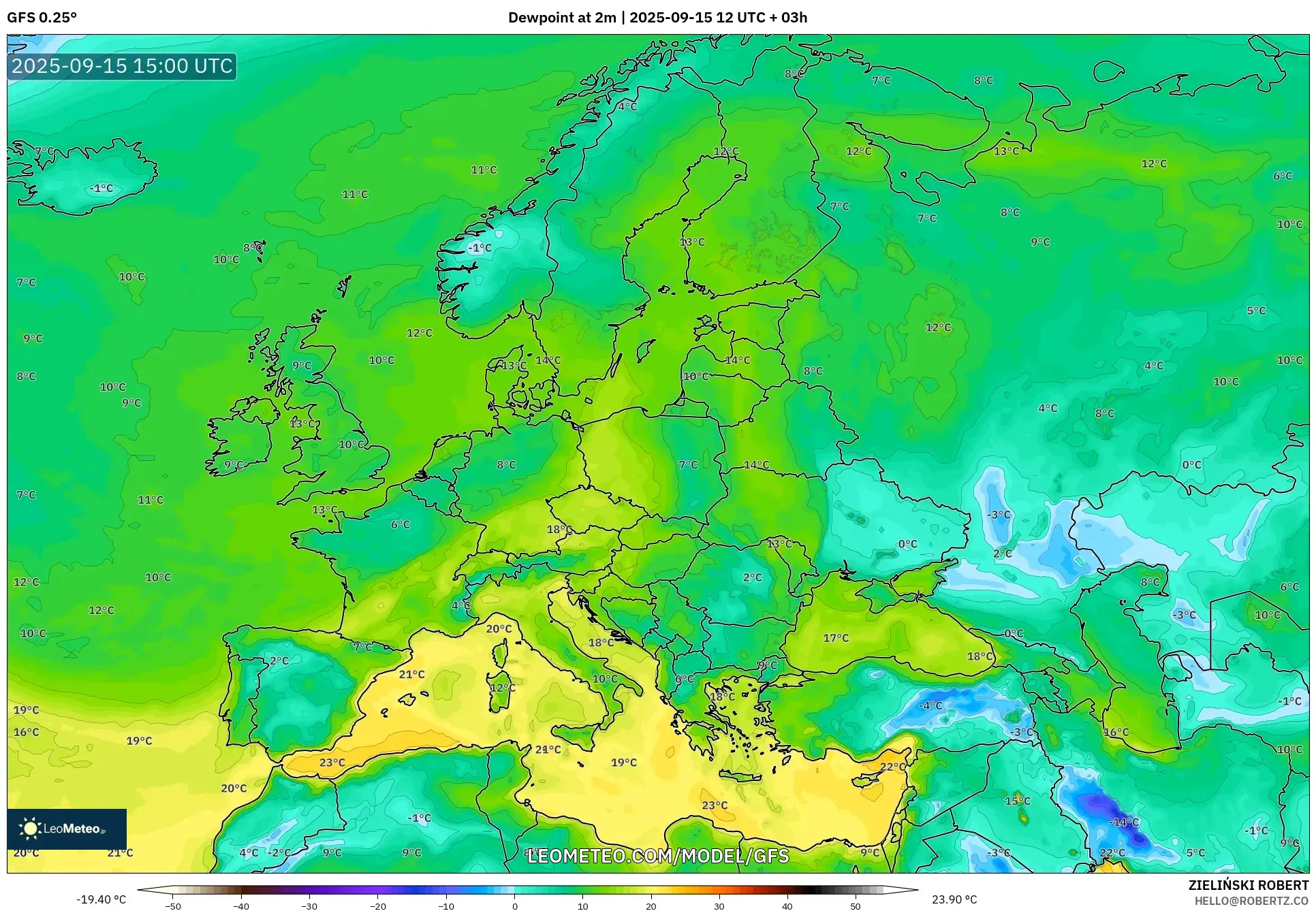 GFS model - Europe, Dewpoint at 2m