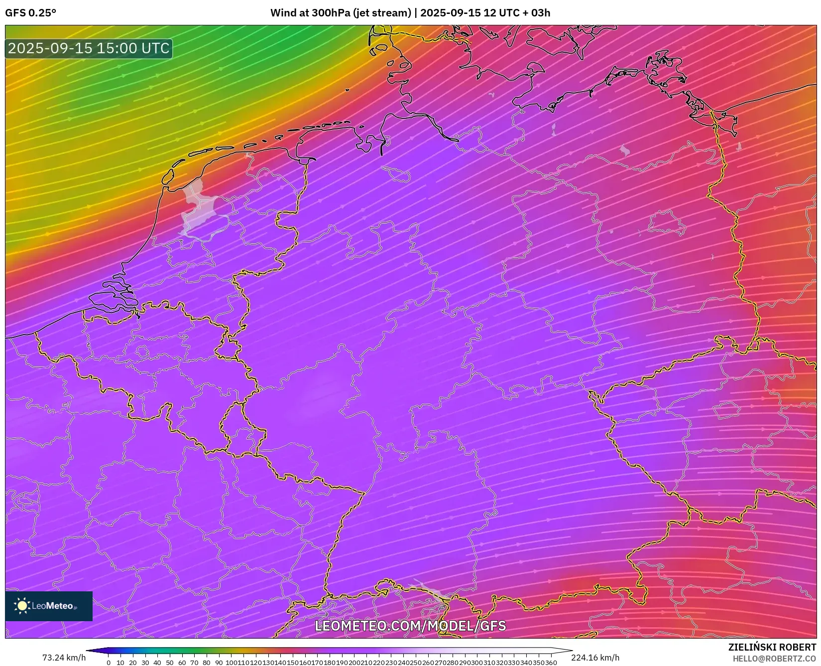 GFS model - Germany, Wind at 300hPa (jet stream)