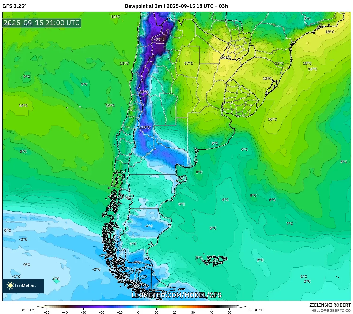 GFS model - Argentina, Dewpoint at 2m