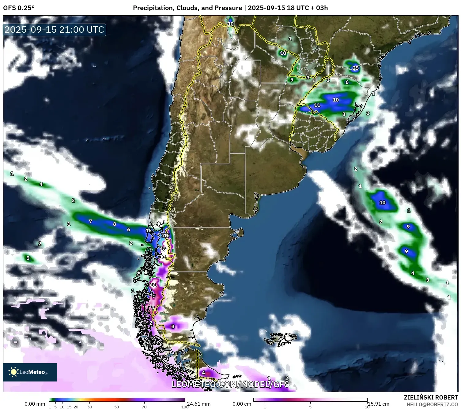 GFS model - Argentina, Precipitation, Clouds, and Pressure
