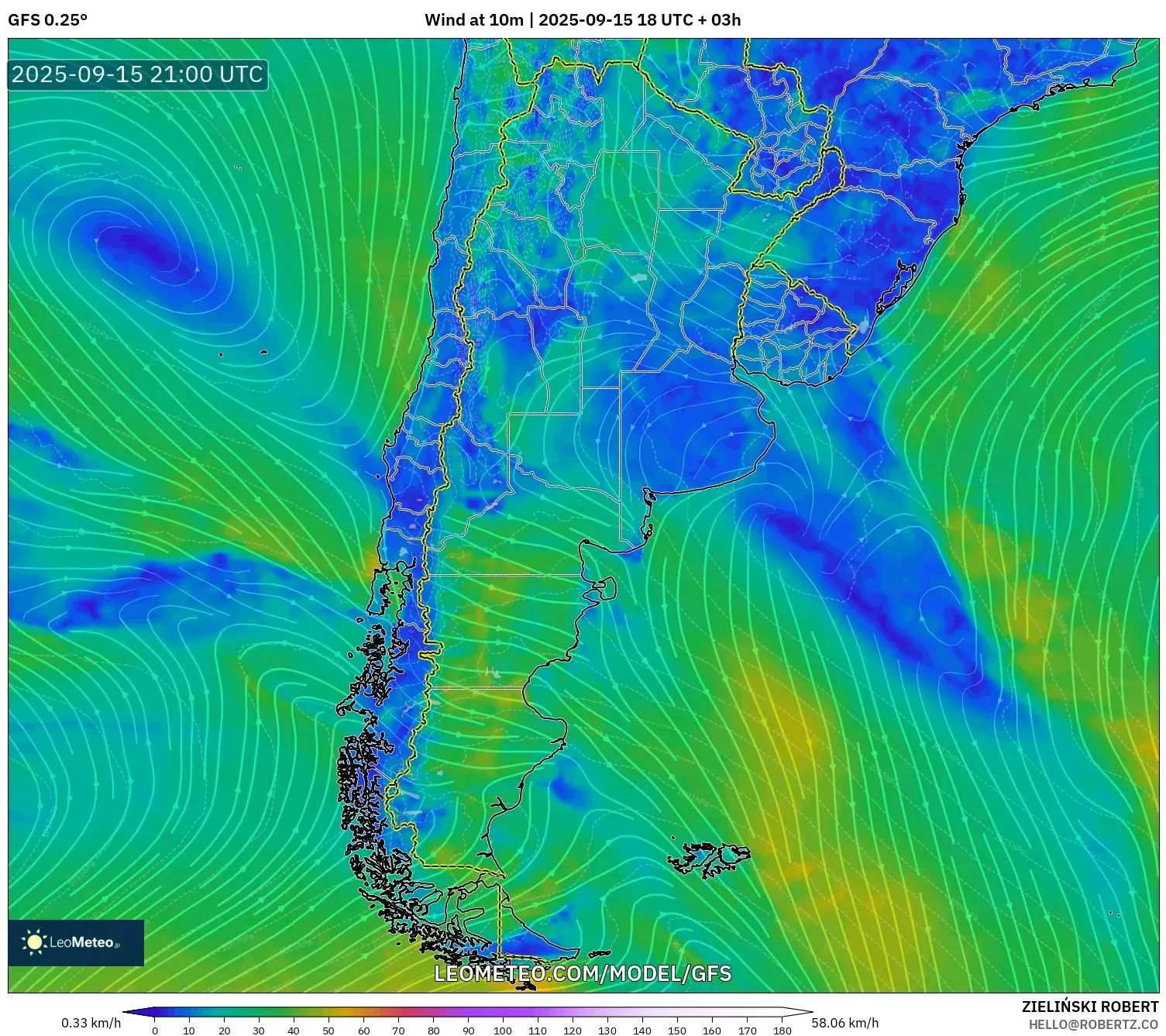 GFS model - Argentina, Wind at 10m