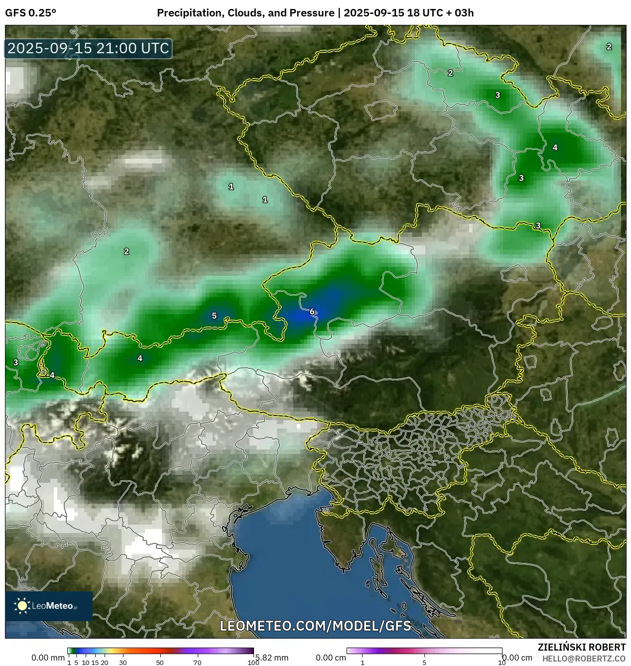 GFS model - Austria, Precipitation, Clouds, and Pressure GFS model - Austria, Precipitation, Clouds, and Pressure