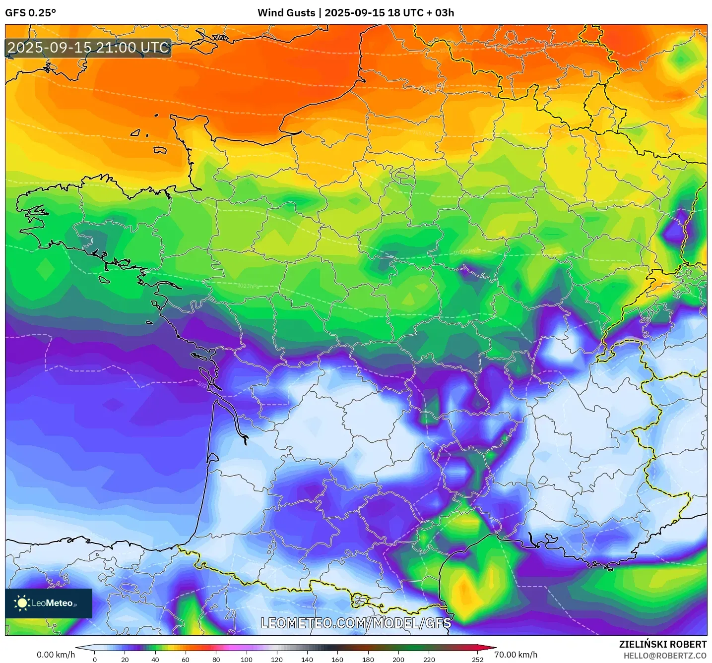 GFS model - France, Wind Gusts