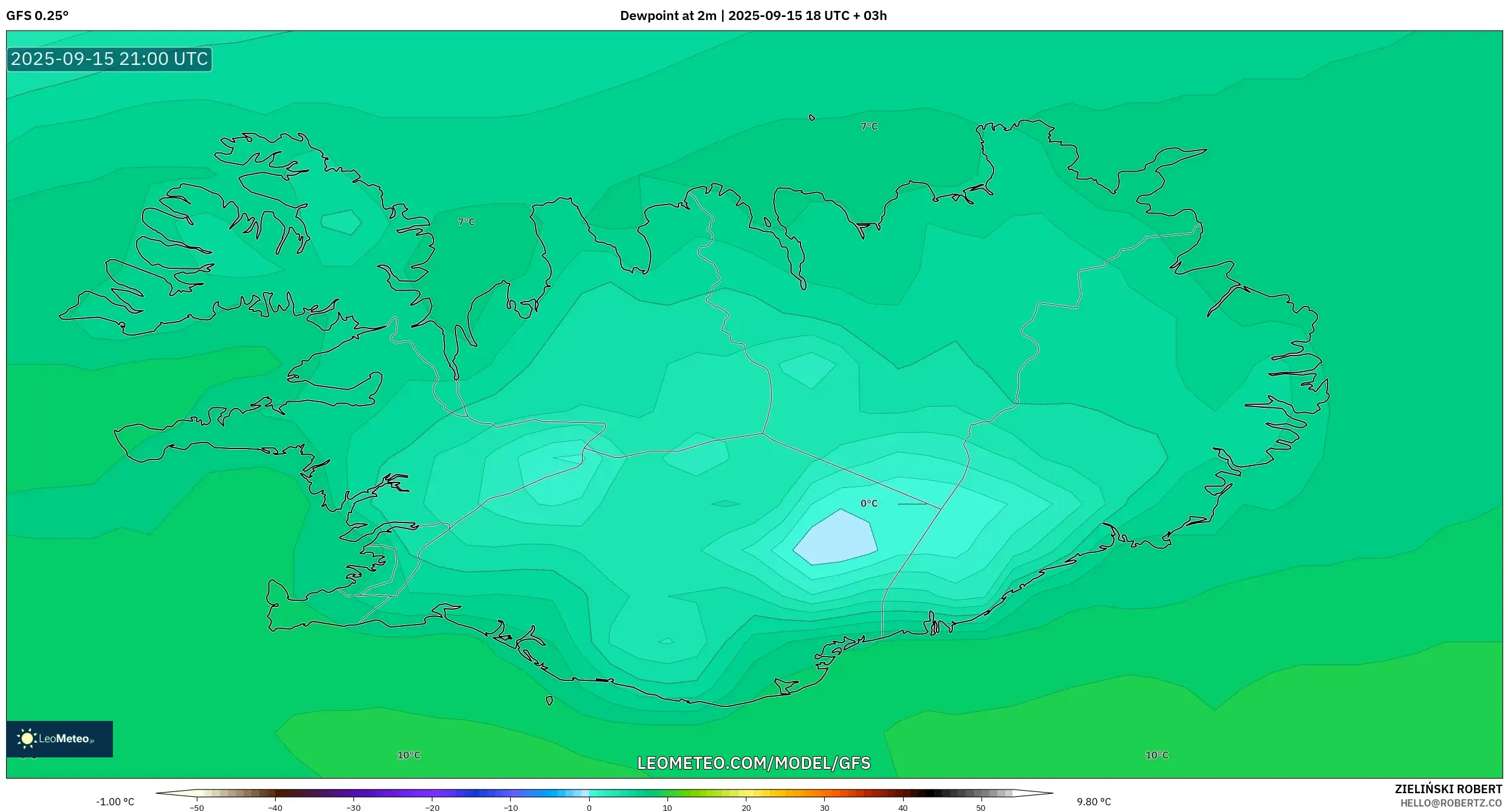 GFS model - Iceland, Dewpoint at 2m