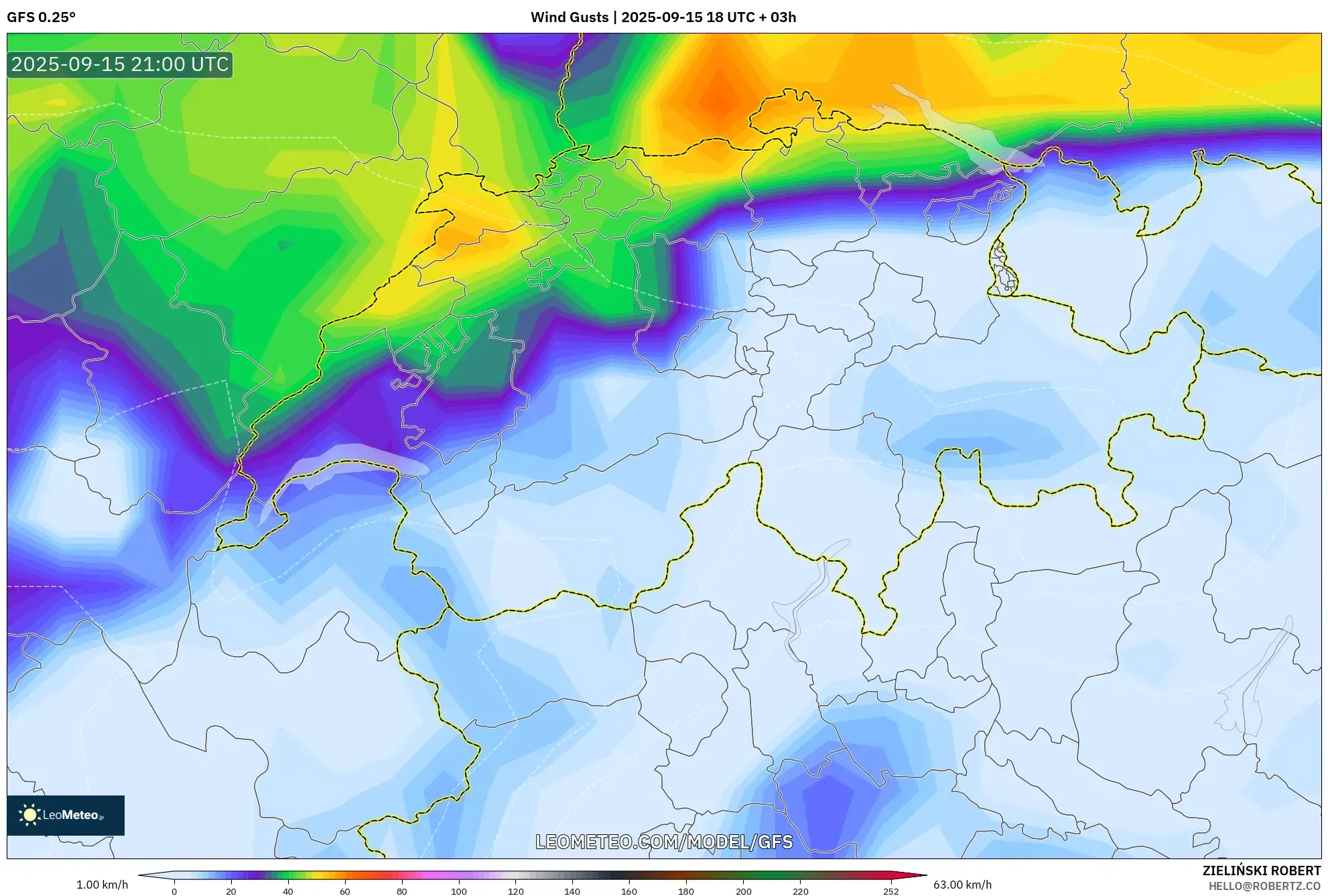 GFS model - Switzerland, Wind Gusts GFS model - Switzerland, Wind Gusts