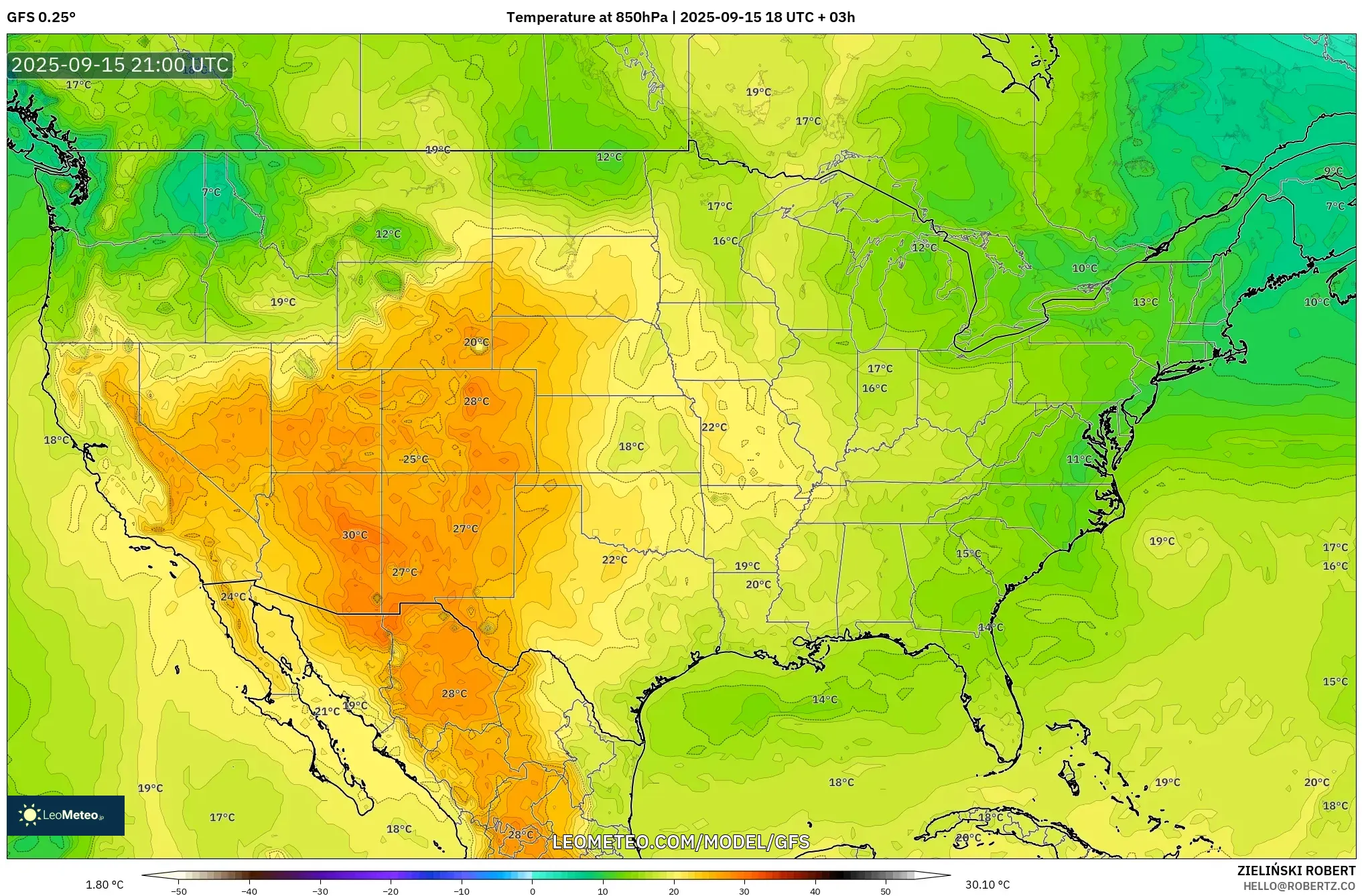 GFS model - United States, Temperature at 850hPa GFS model - United States, Temperature at 850hPa