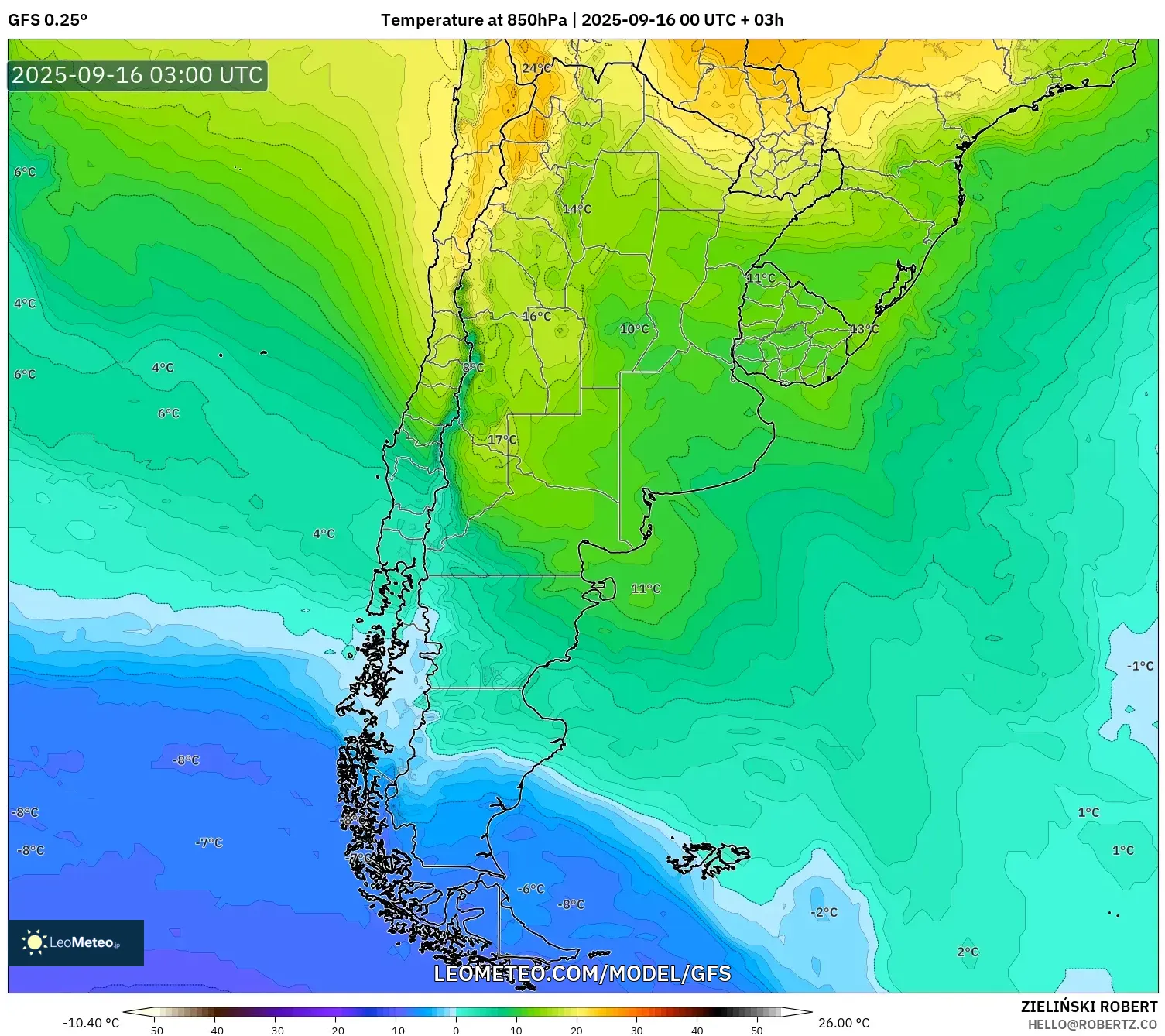 GFS model - Argentina, Temperature at 850hPa