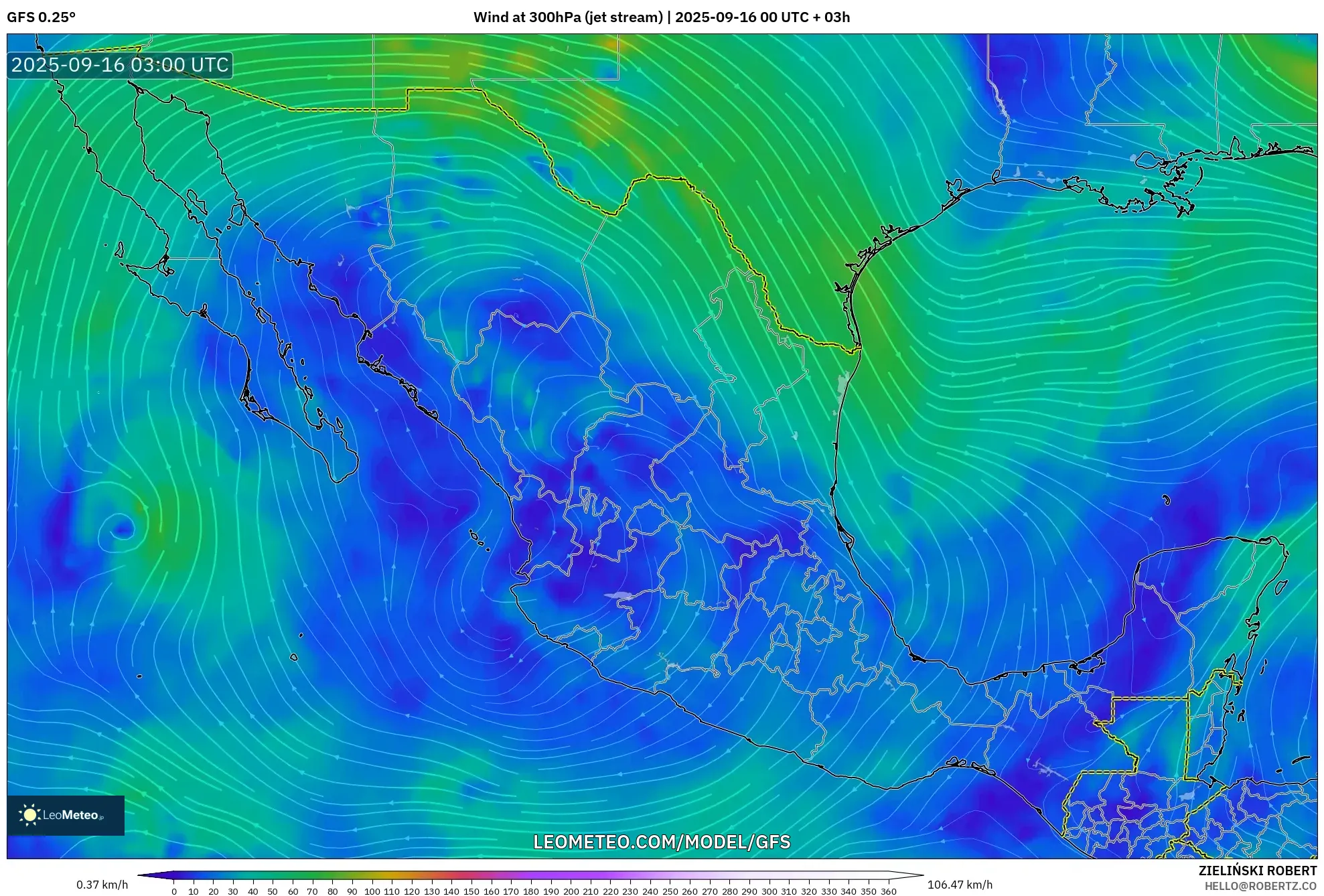 GFS model - Mexico, Wind at 300hPa (jet stream)