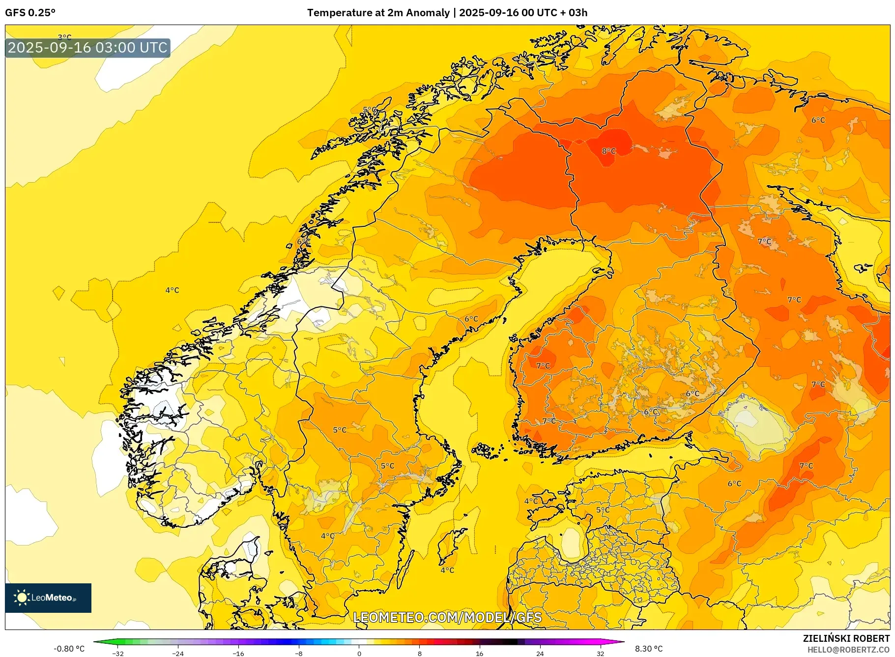 GFS model - Scandinavia, Temperature at 2m Anomaly GFS model - Scandinavia, Temperature at 2m Anomaly
