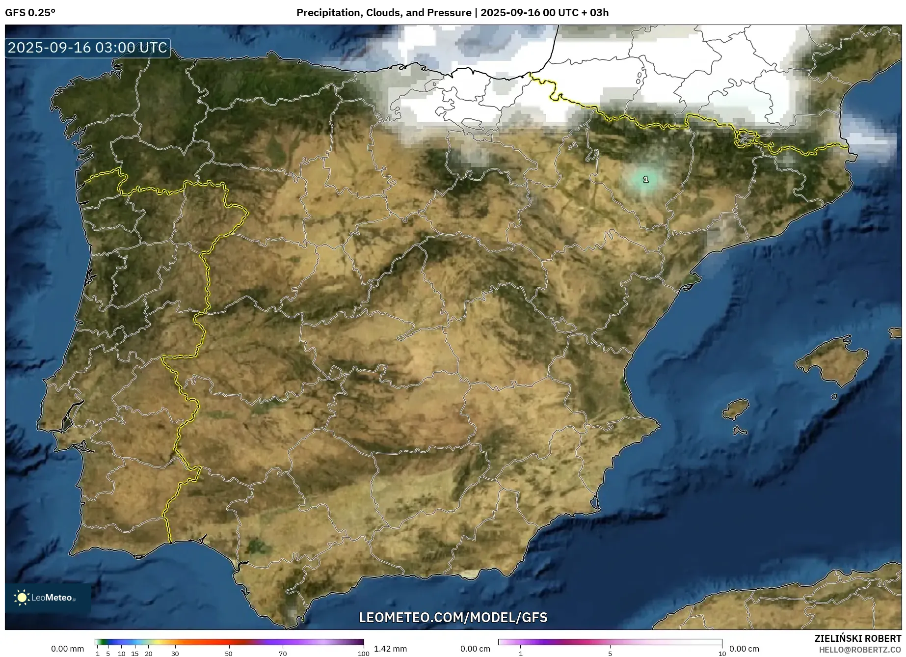 GFS model - Spain, Precipitation, Clouds, and Pressure