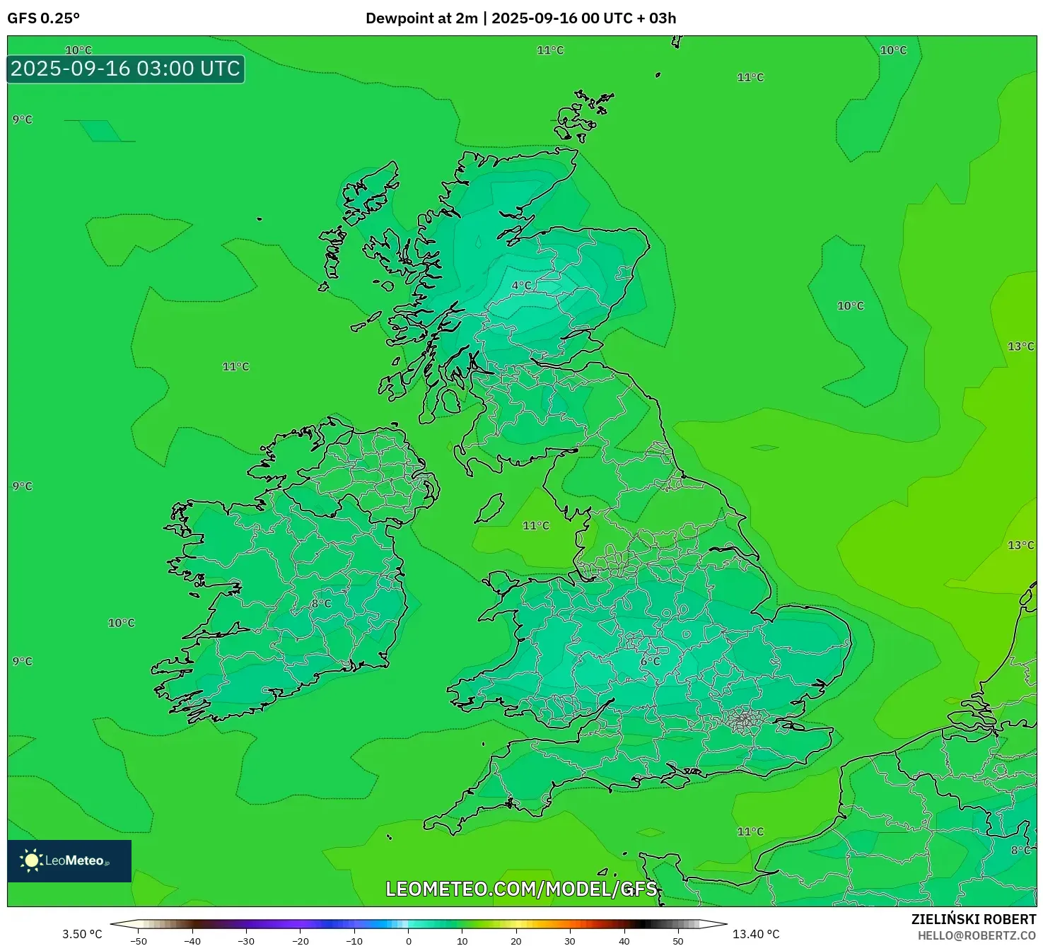GFS model - United Kingdom, Dewpoint at 2m