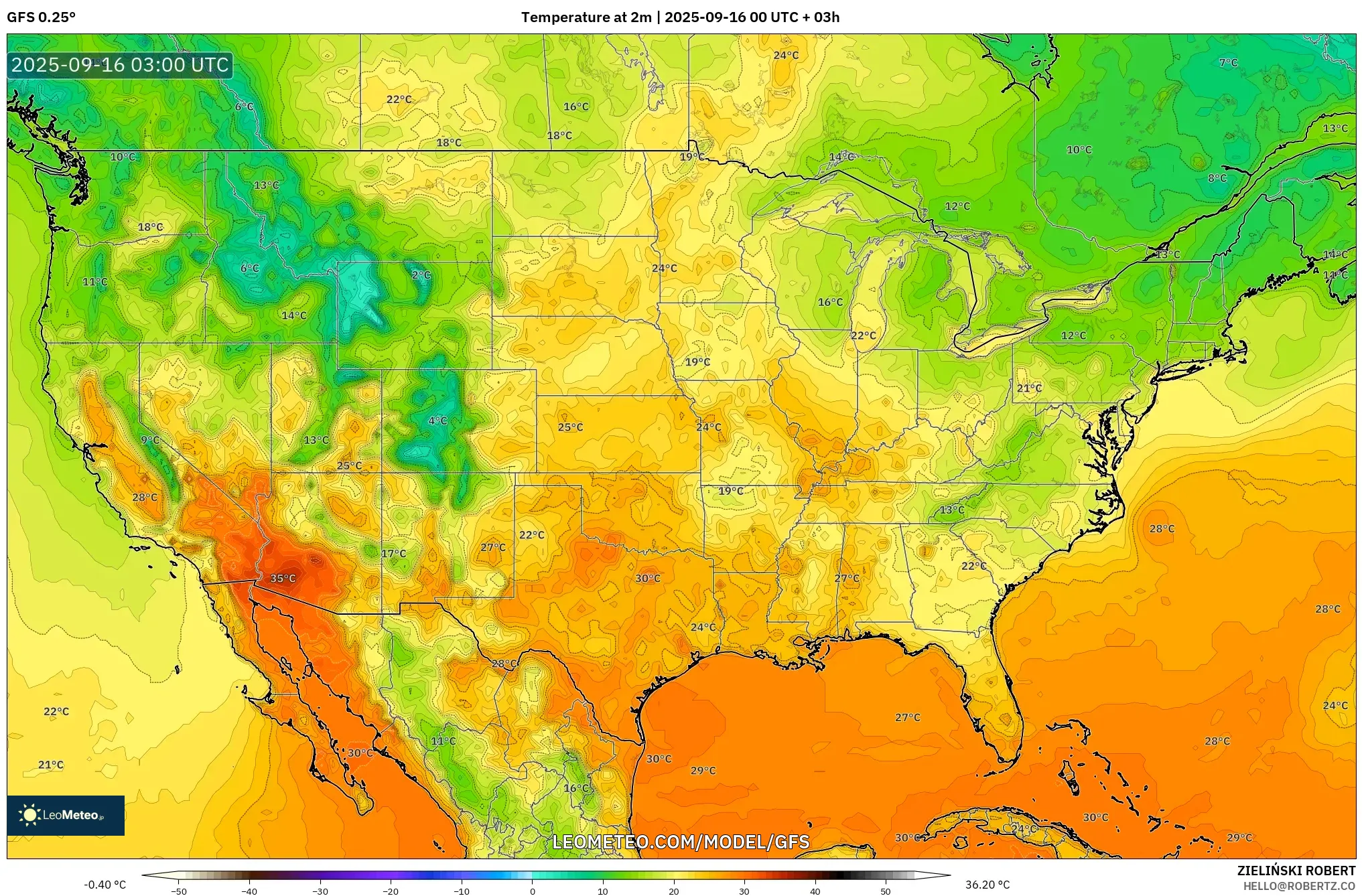 GFS model - United States, Temperature at 2m GFS model - United States, Temperature at 2m