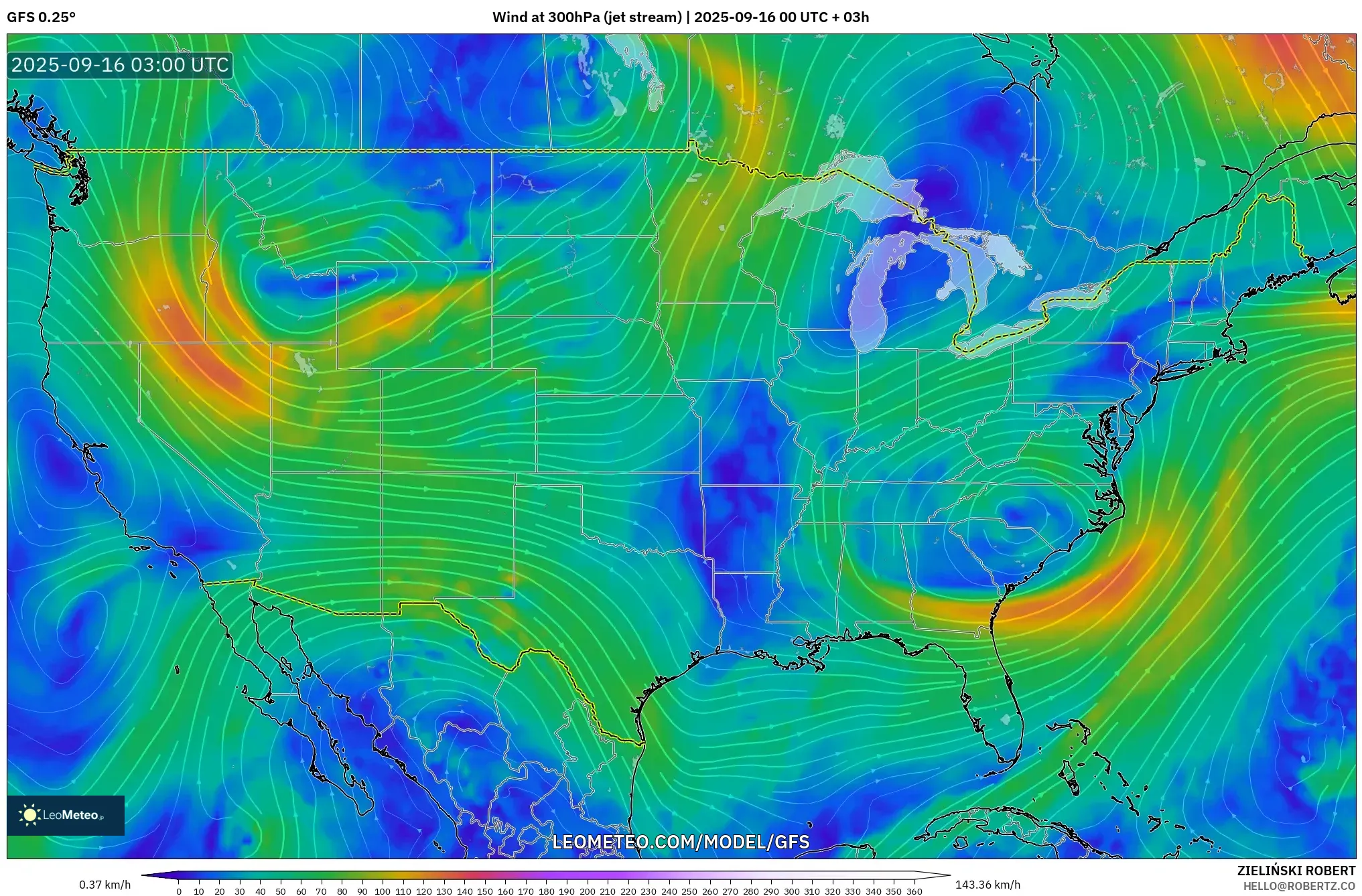 GFS model - United States, Wind at 300hPa (jet stream) GFS model - United States, Wind at 300hPa (jet stream)