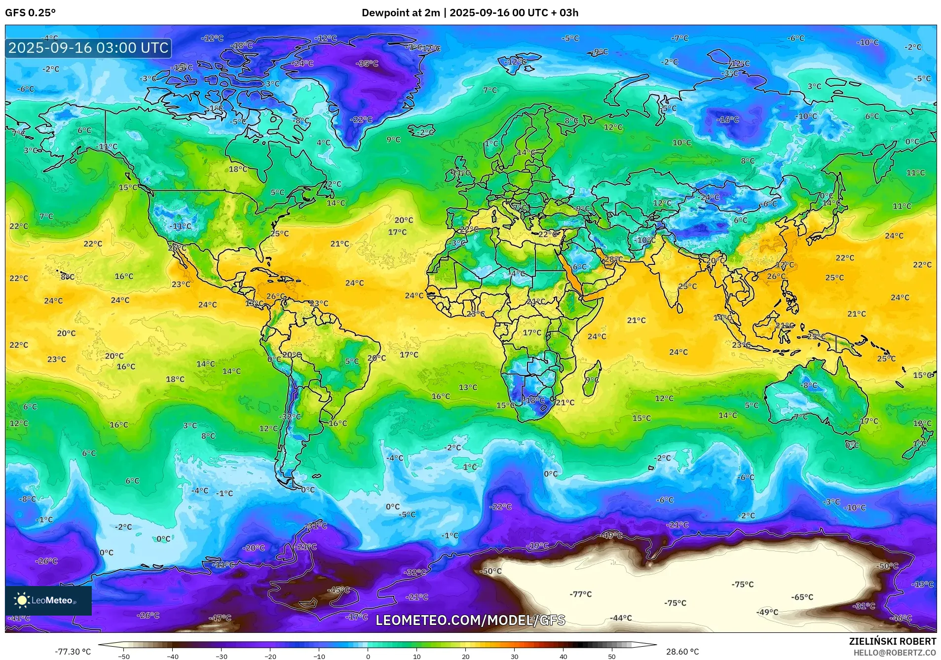 GFS model - World, Dewpoint at 2m