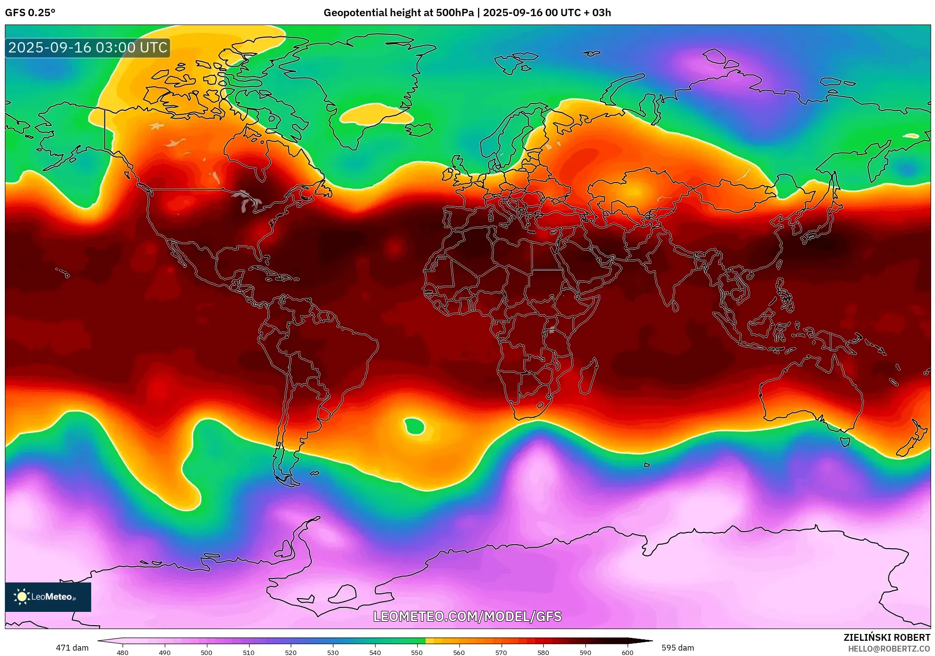 GFS model - World, Geopotential height at 500hPa