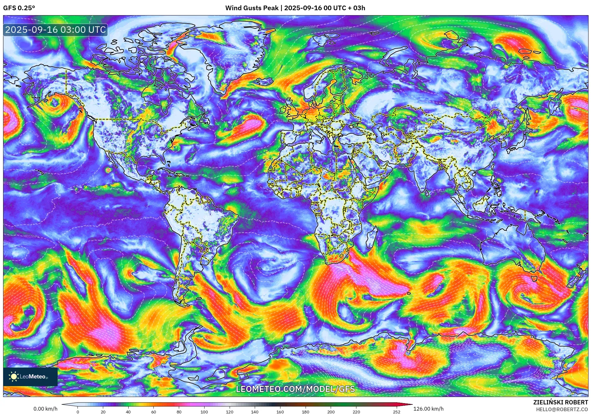 GFS model - World, Wind Gusts Peak GFS model - World, Wind Gusts Peak