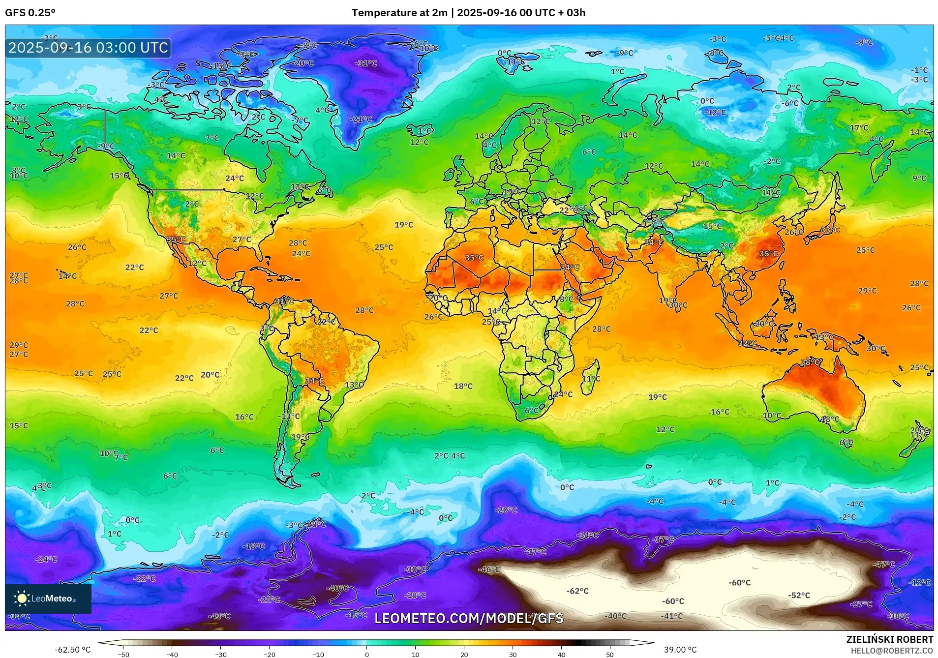 GFS model - World, Temperature at 2m