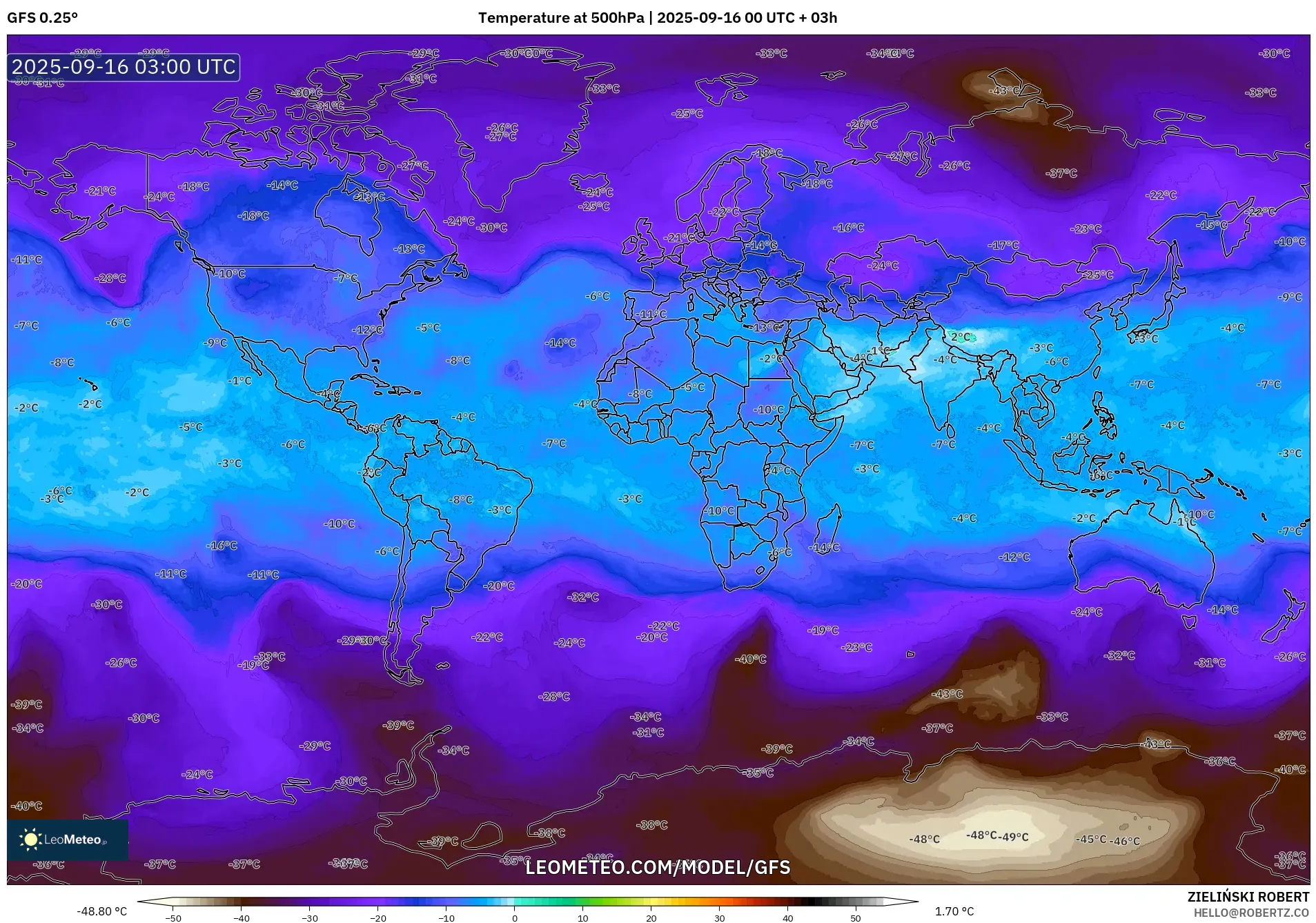 GFS model - World, Temperature at 500hPa