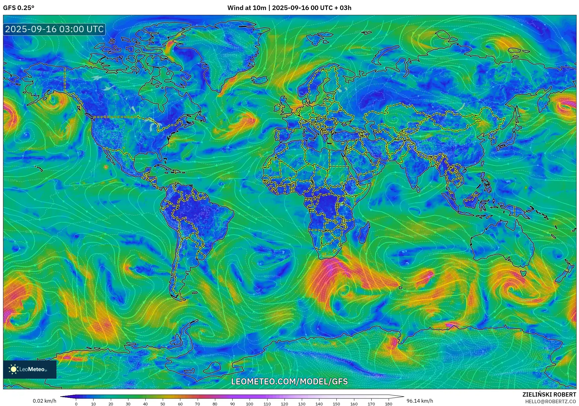 GFS model - World, Wind at 10m