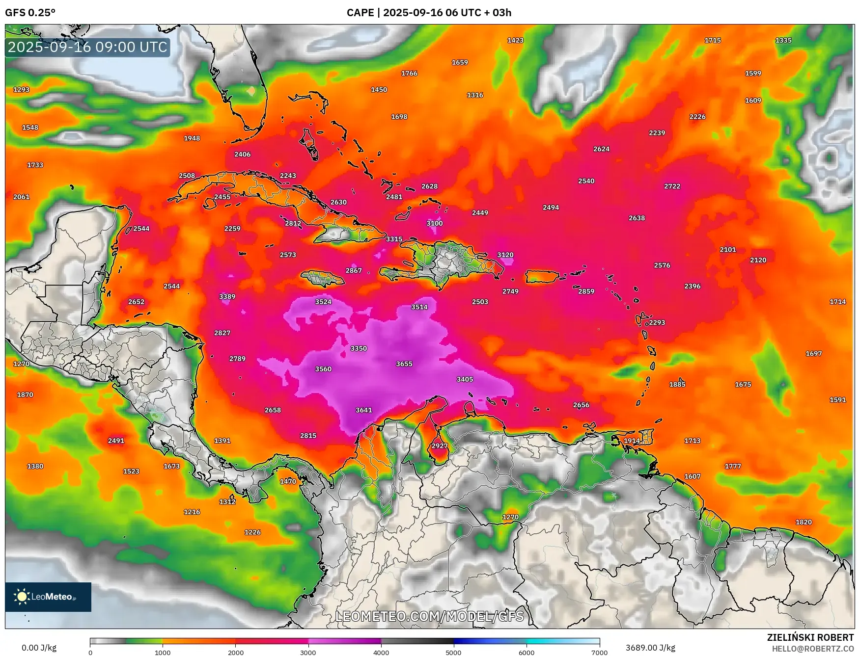 GFS model - Caribbean, CAPE GFS model - Caribbean, CAPE