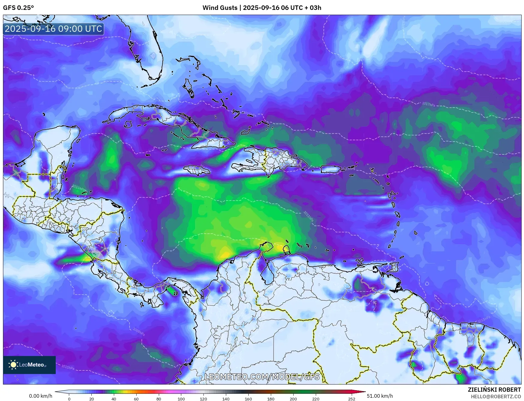 GFS model - Caribbean, Wind Gusts