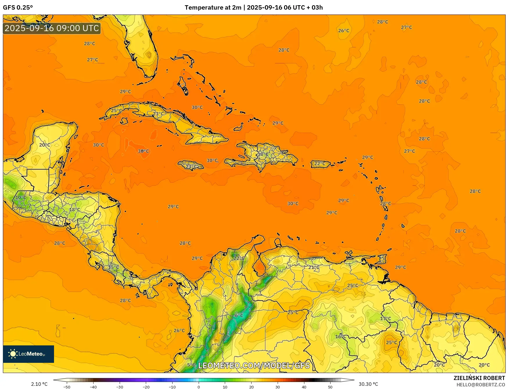 GFS model - Caribbean, Temperature at 2m