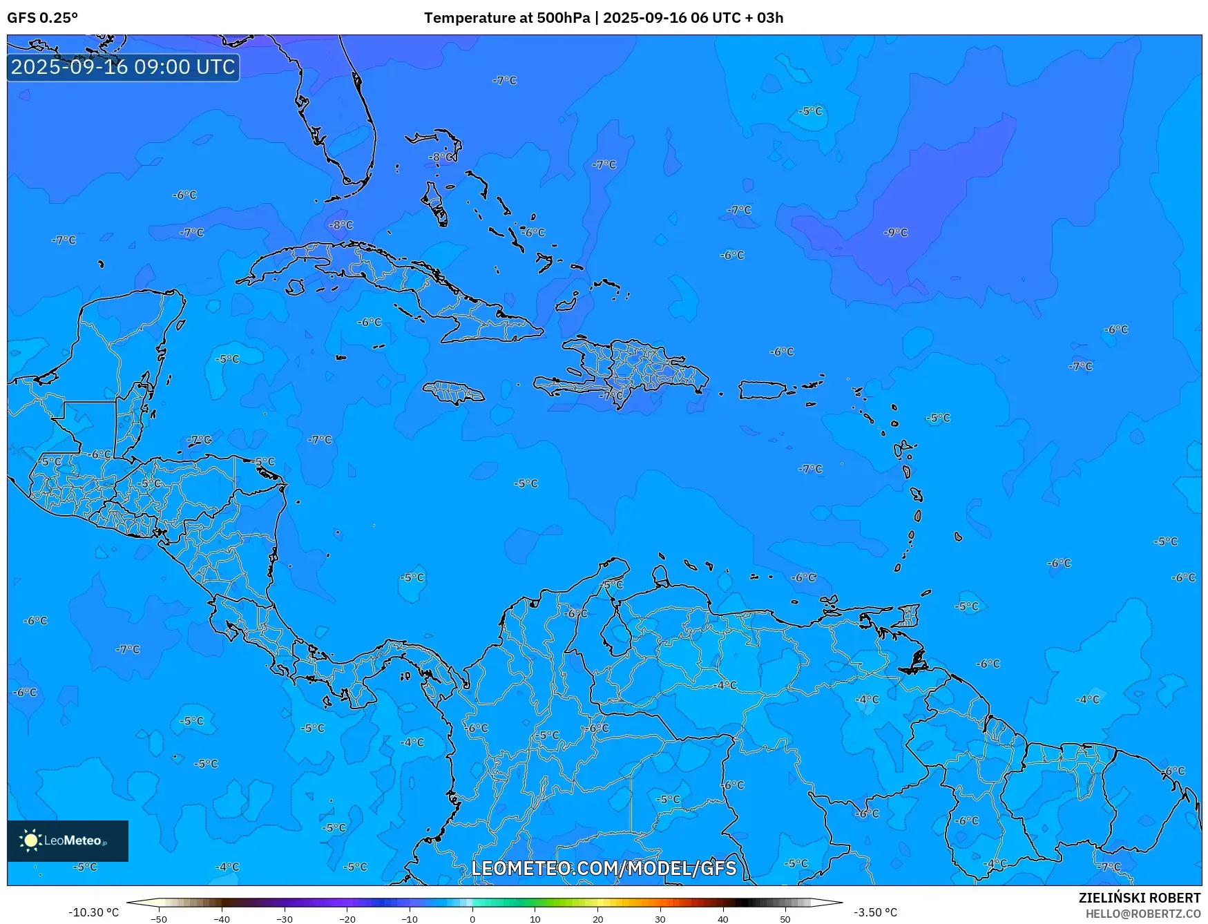 GFS model - Caribbean, Temperature at 500hPa GFS model - Caribbean, Temperature at 500hPa