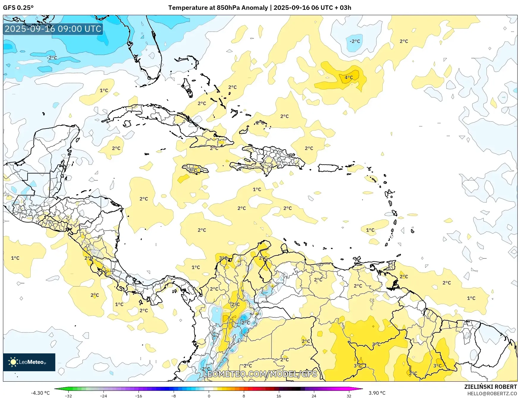 GFS model - Caribbean, Temperature at 850hPa Anomaly