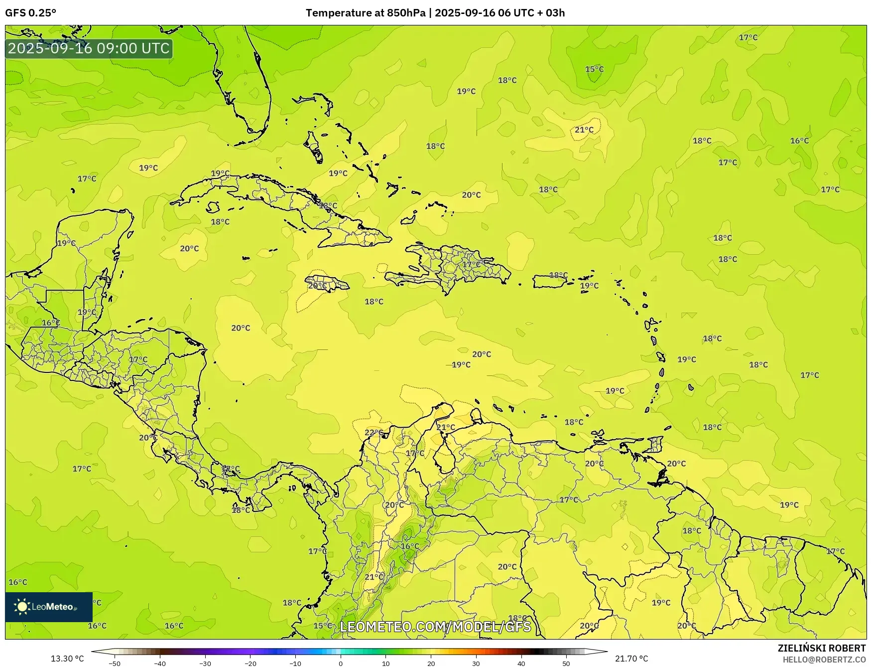 GFS model - Caribbean, Temperature at 850hPa