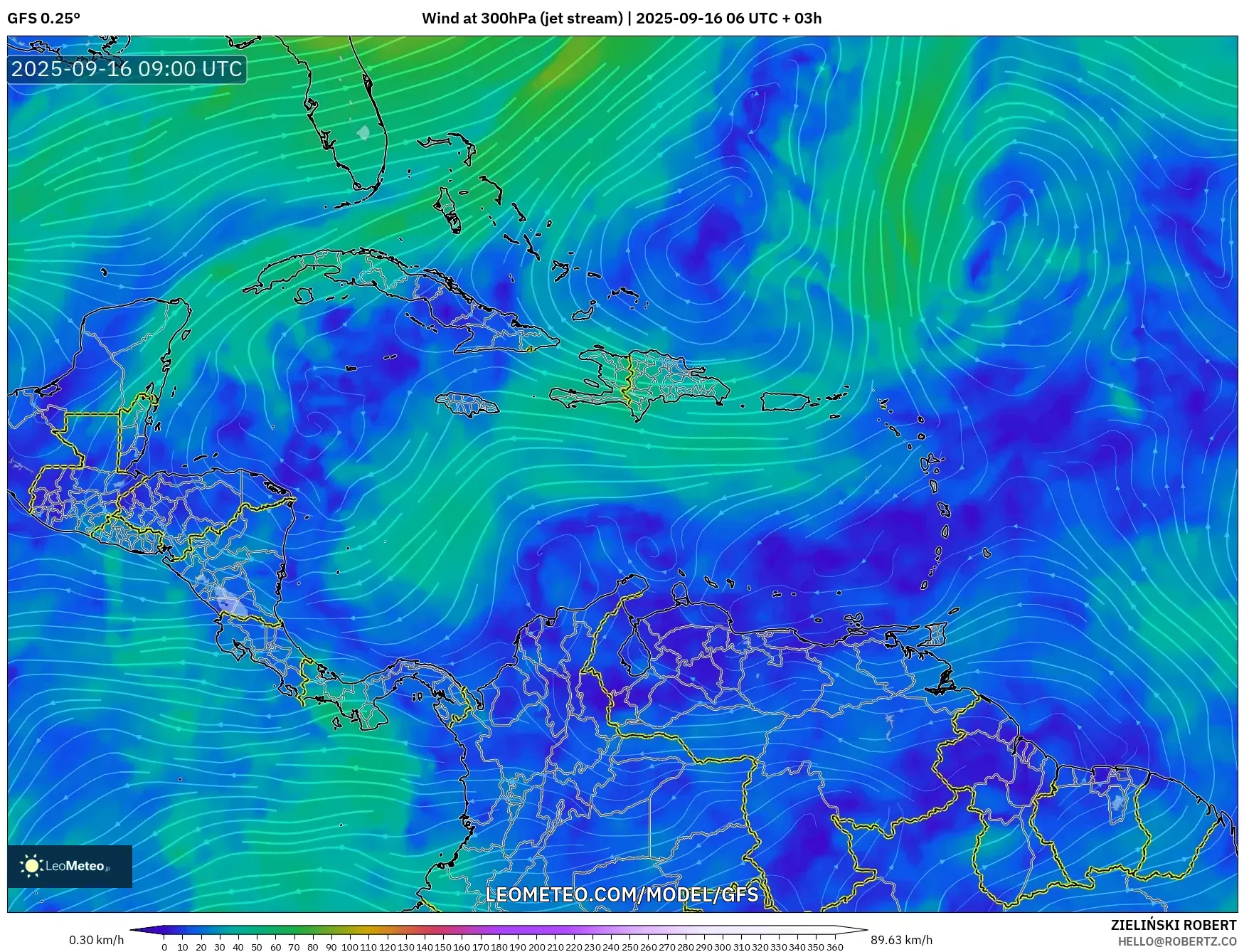 GFS model - Caribbean, Wind at 300hPa (jet stream)