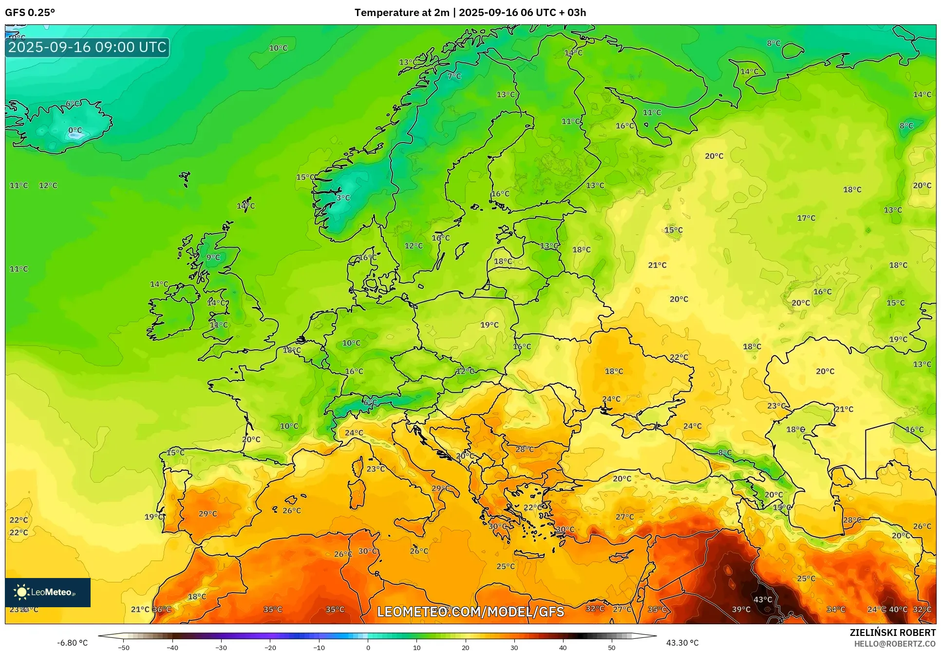 GFS model - Europe, Temperature at 2m GFS model - Europe, Temperature at 2m