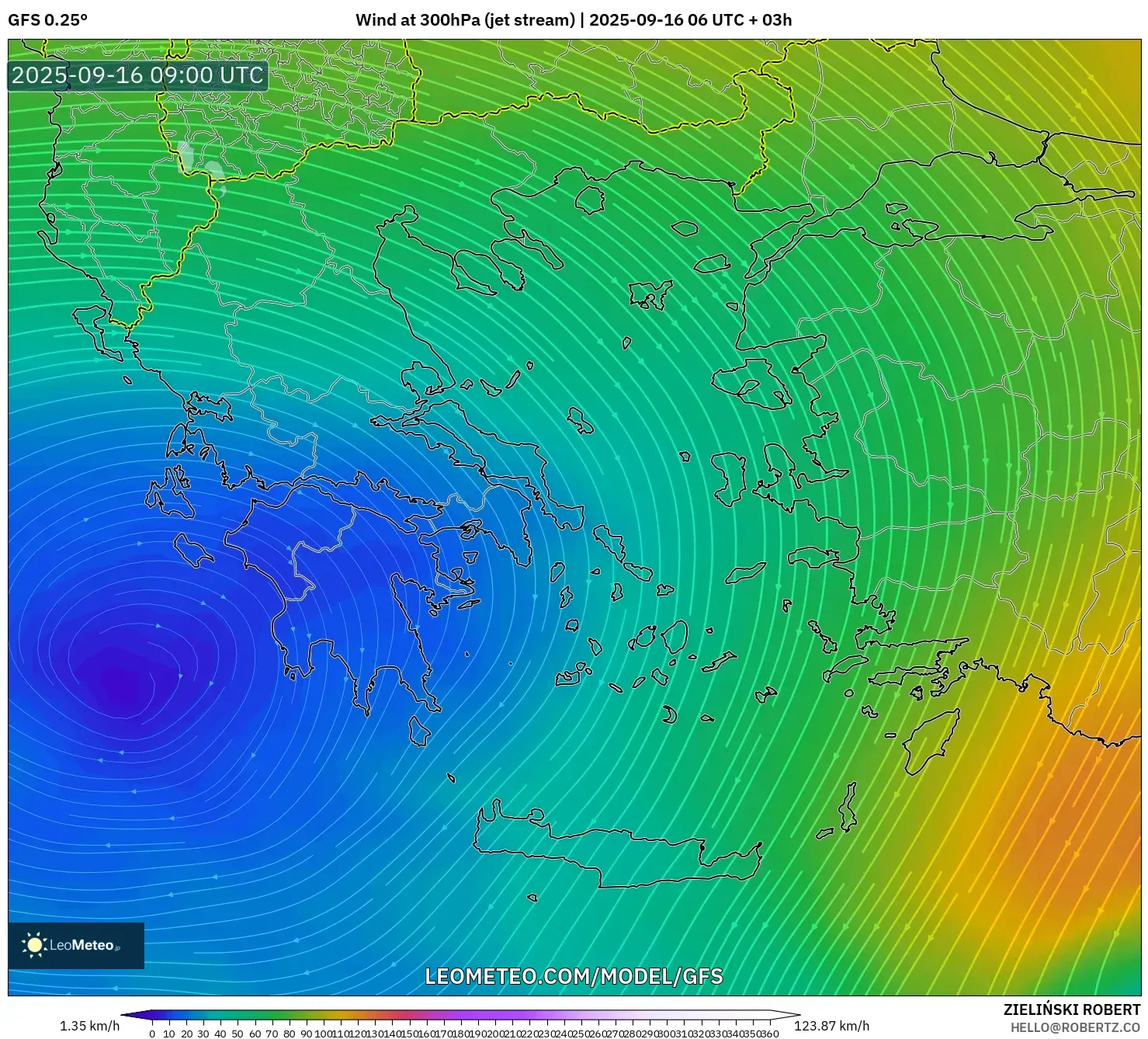 GFS model - Greece, Wind at 300hPa (jet stream)