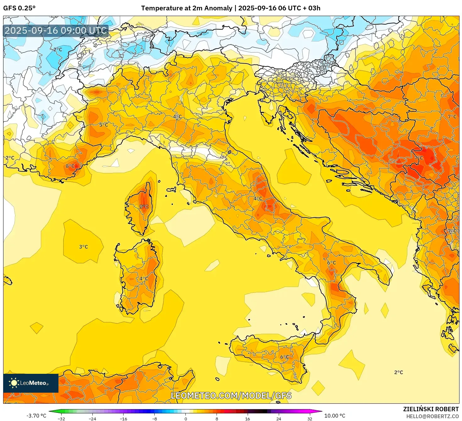 GFS model - Italy, Temperature at 2m Anomaly