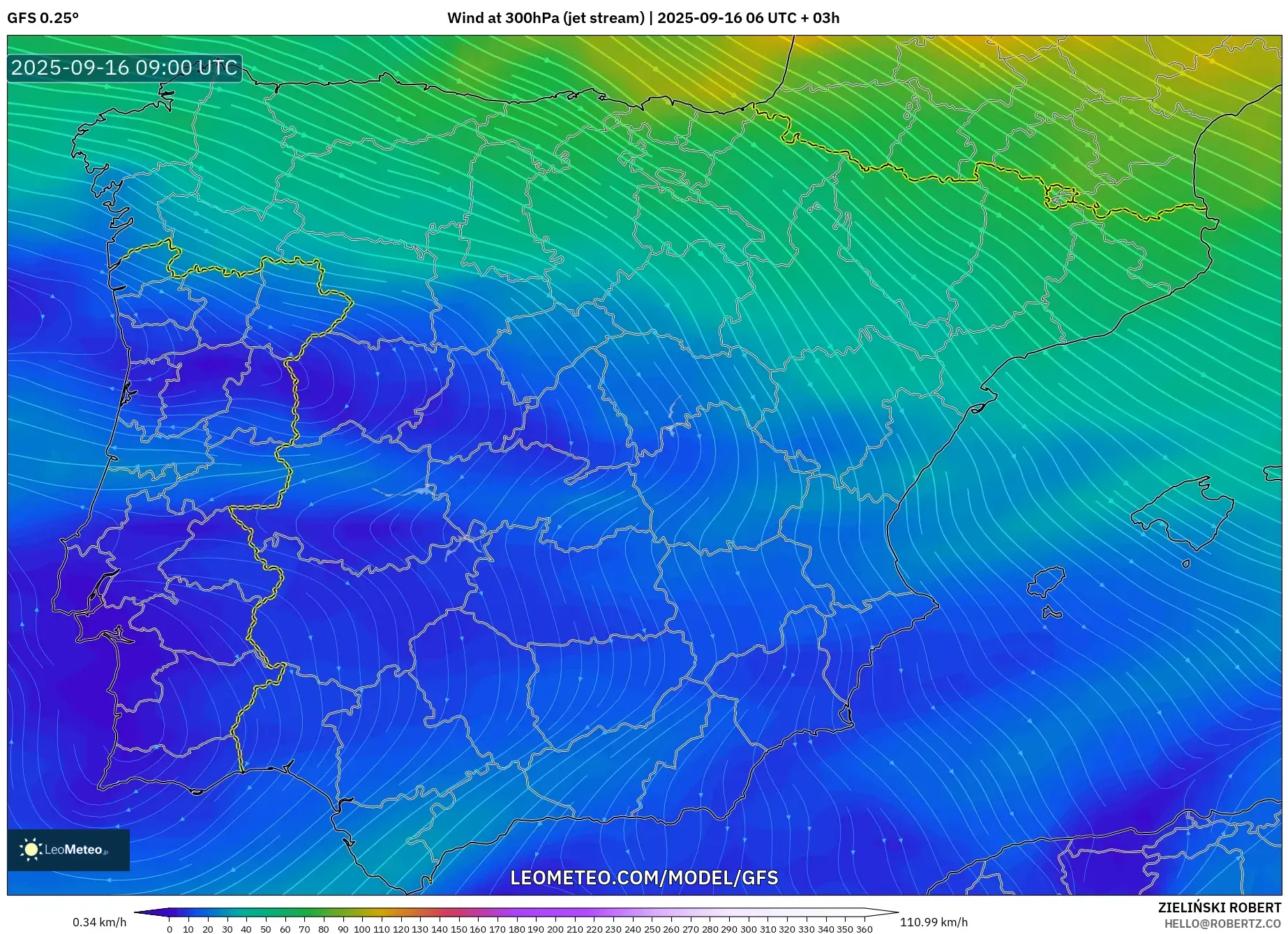 GFS model - Spain, Wind at 300hPa (jet stream)