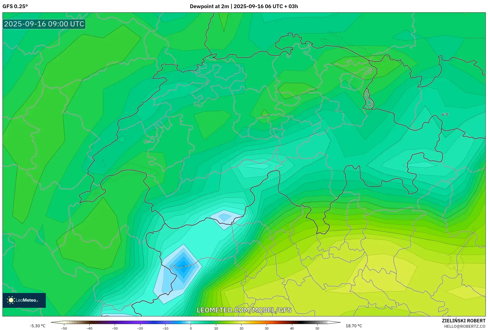 GFS model - Switzerland, Dewpoint at 2m GFS model - Switzerland, Dewpoint at 2m