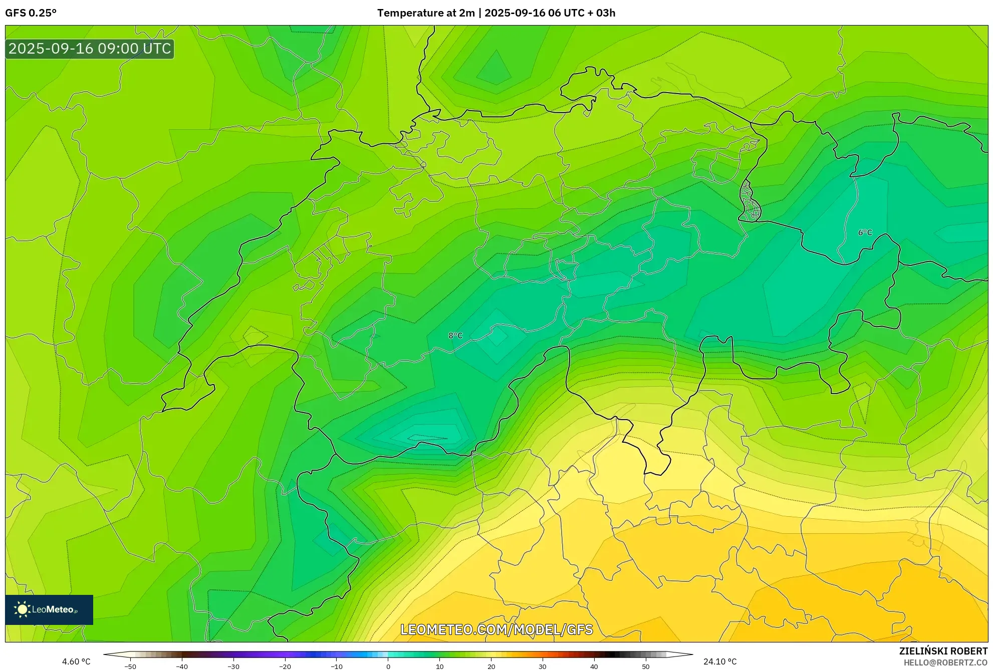 GFS model - Switzerland, Temperature at 2m