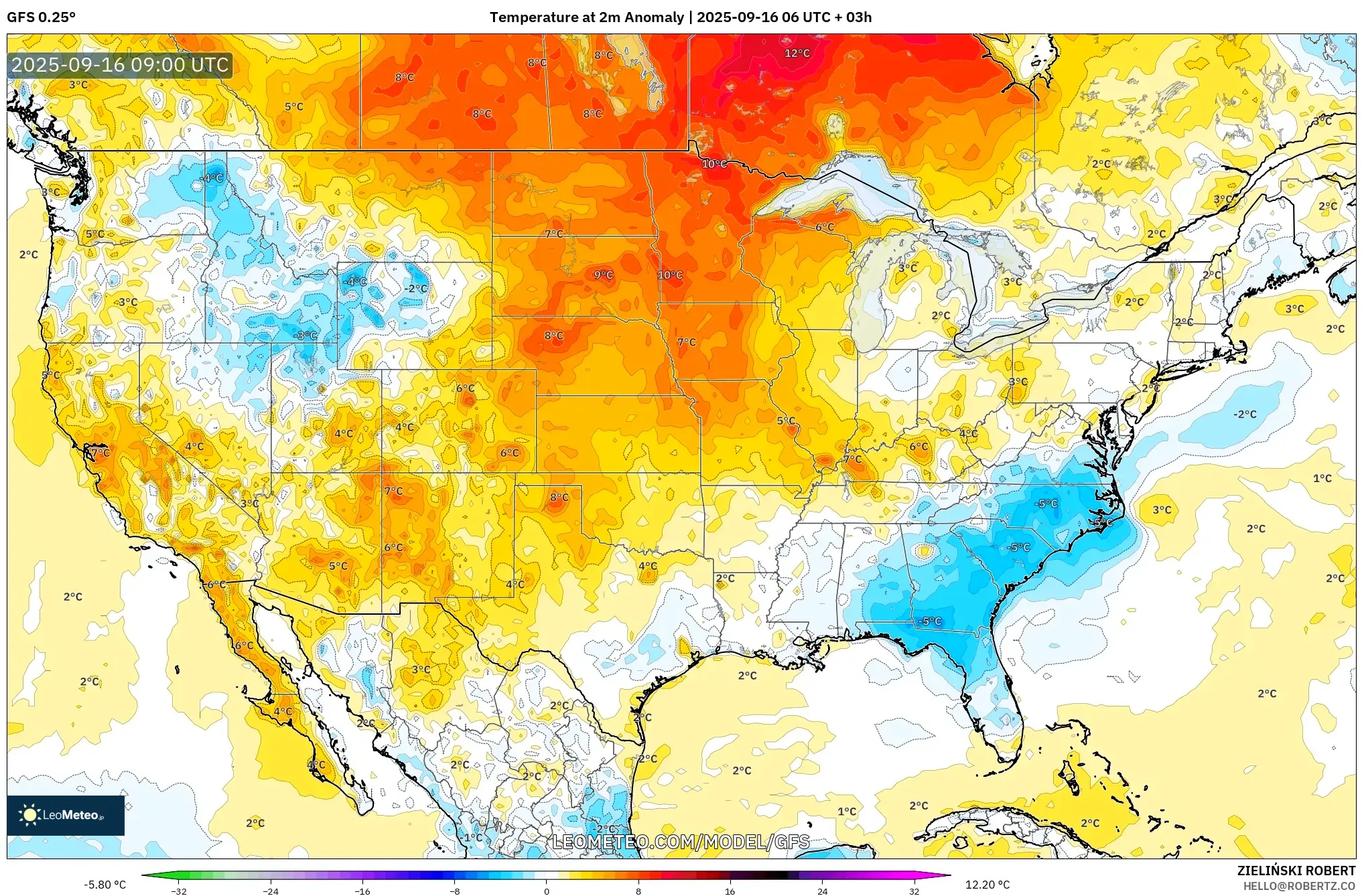 GFS model - United States, Temperature at 2m Anomaly