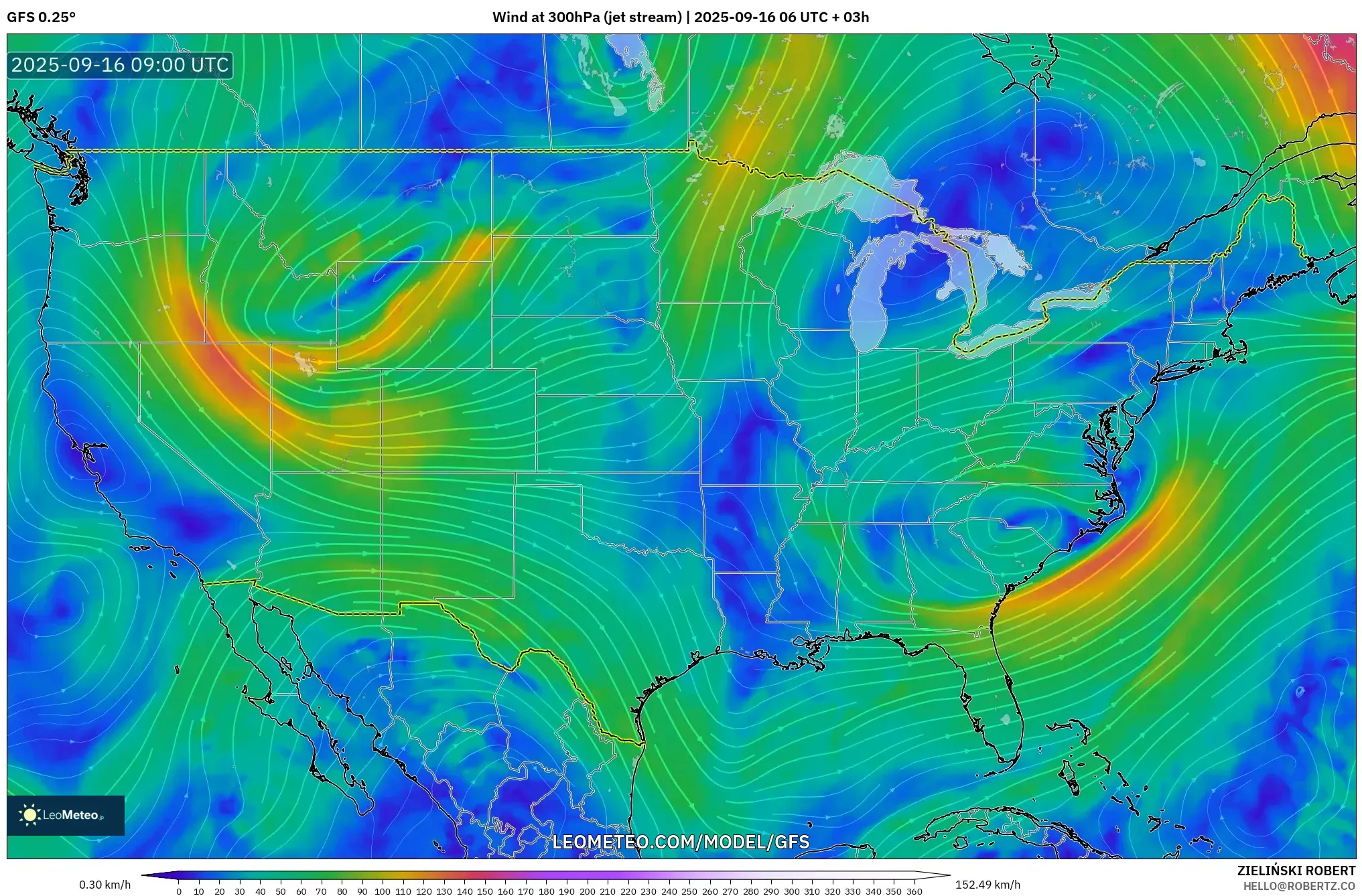 GFS model - United States, Wind at 300hPa (jet stream)