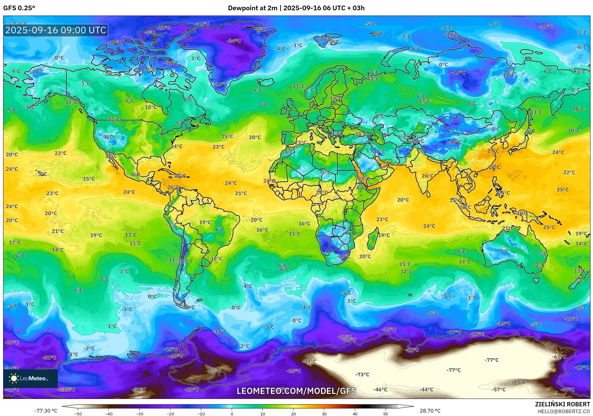 GFS model - World, Dewpoint at 2m