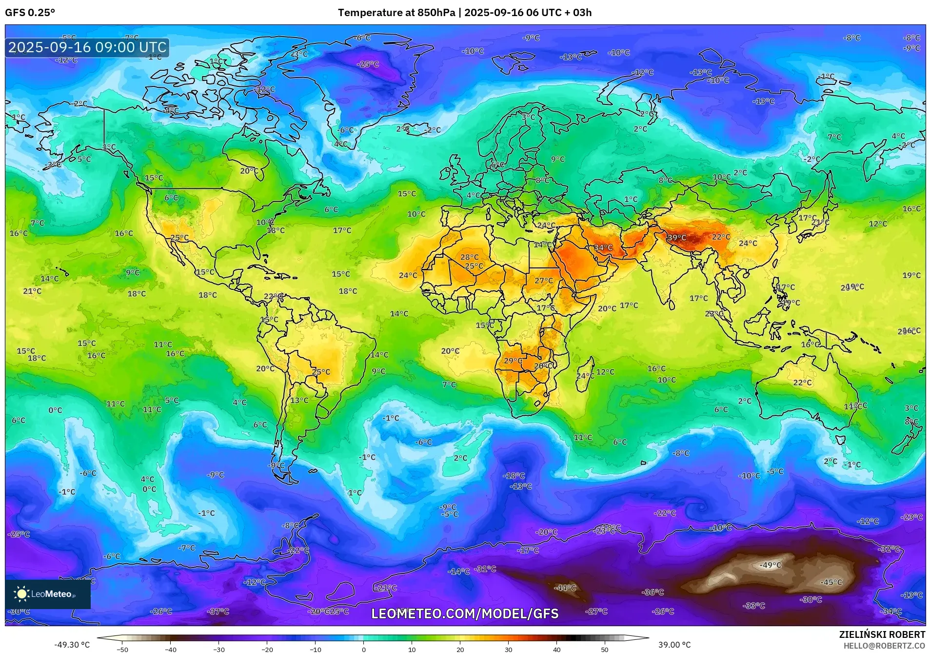 GFS model - World, Temperature at 850hPa