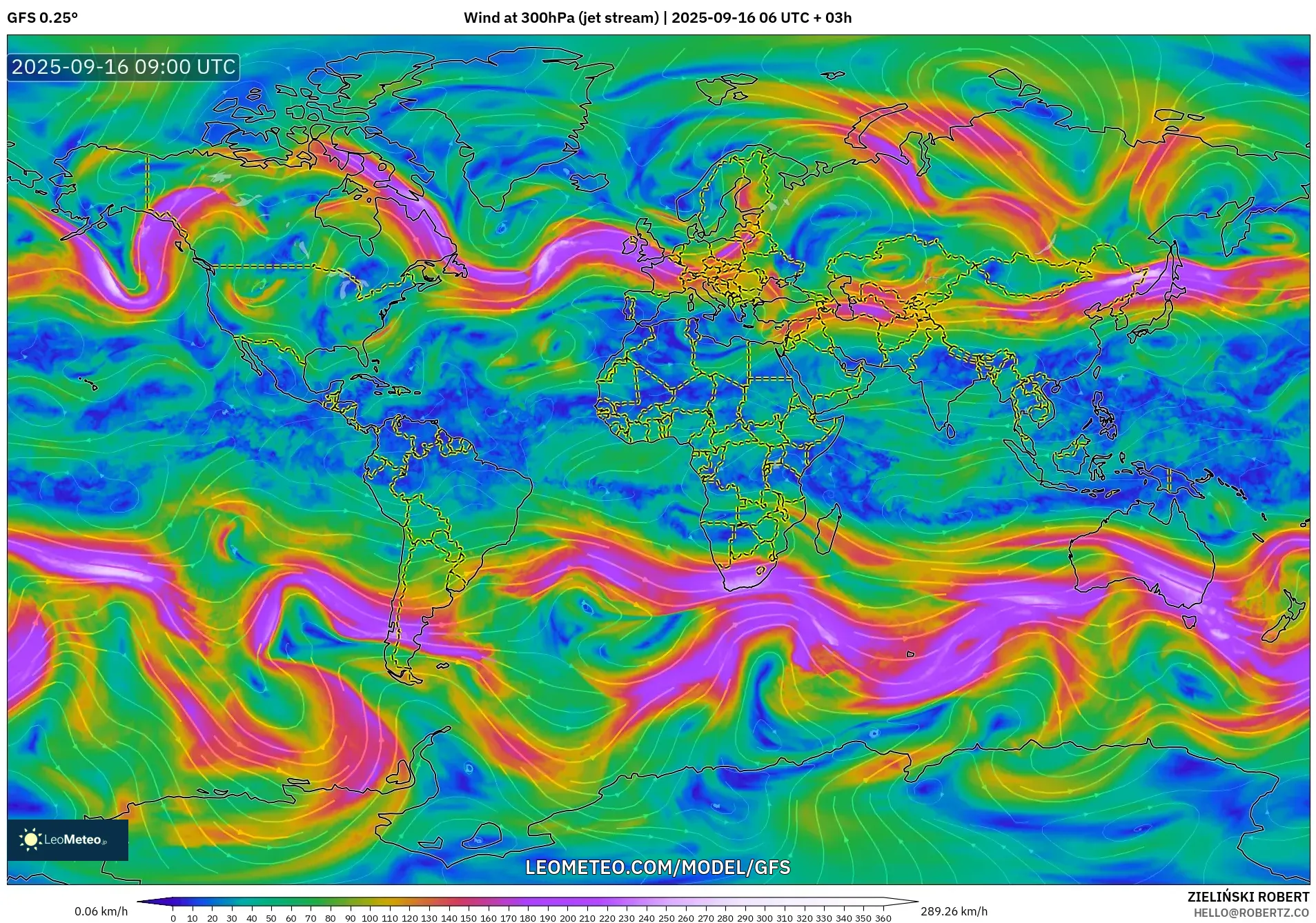 GFS model - World, Wind at 300hPa (jet stream)
