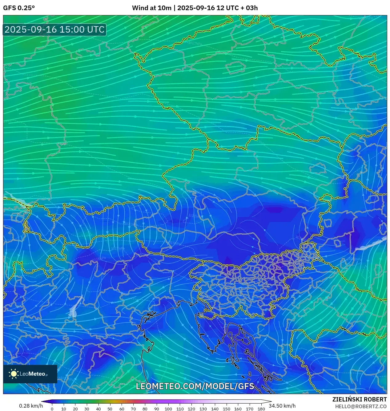 GFS model - Austria, Wind at 10m