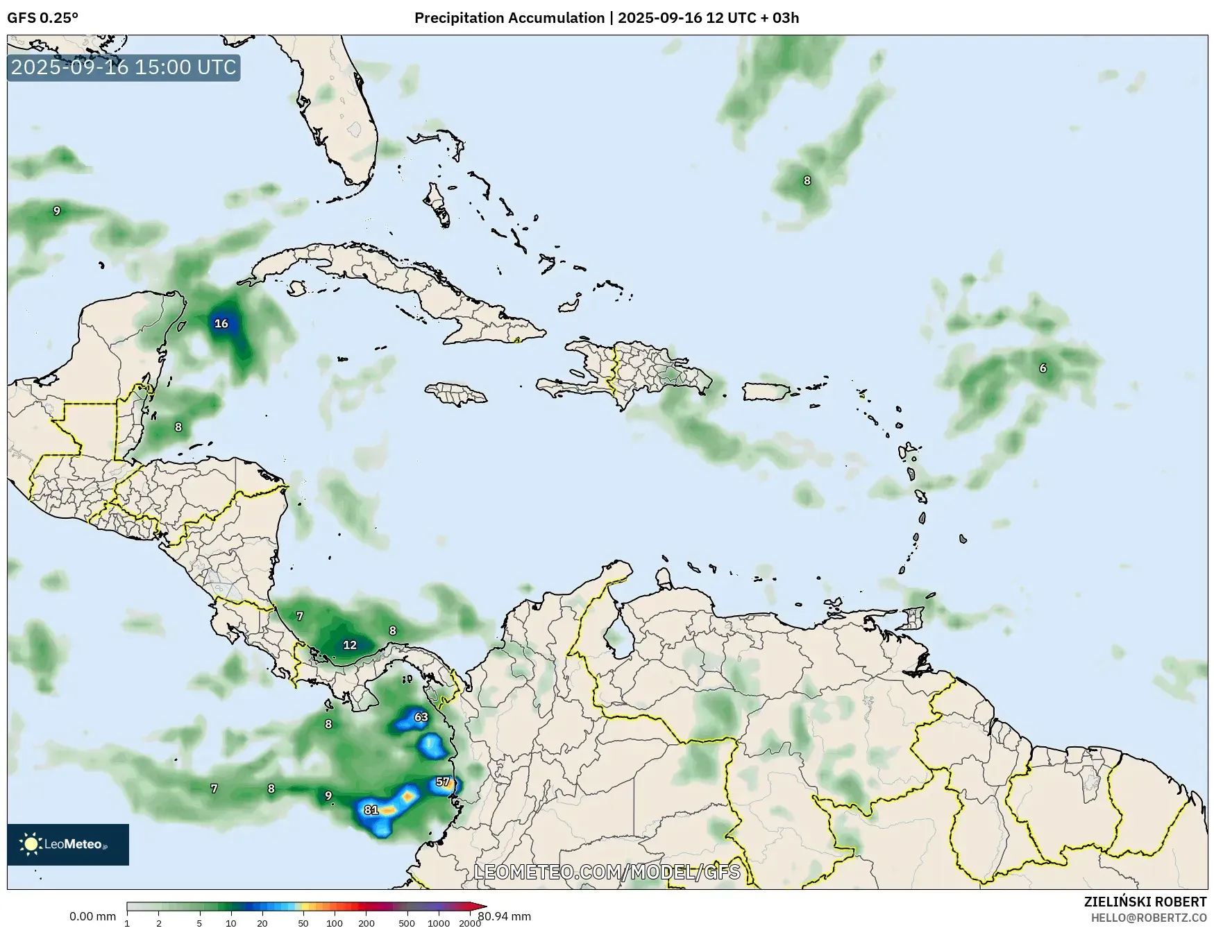 GFS model - Caribbean, Precipitation Accumulation