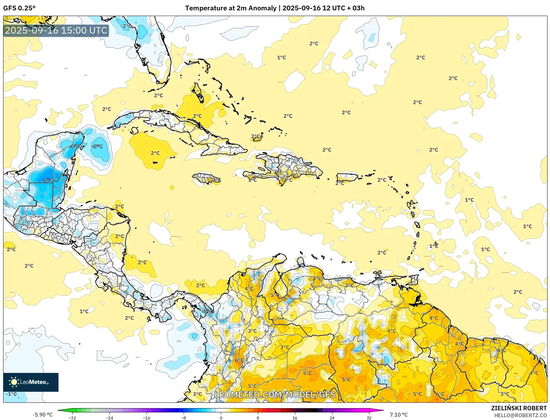 GFS model - Caribbean, Temperature at 2m Anomaly