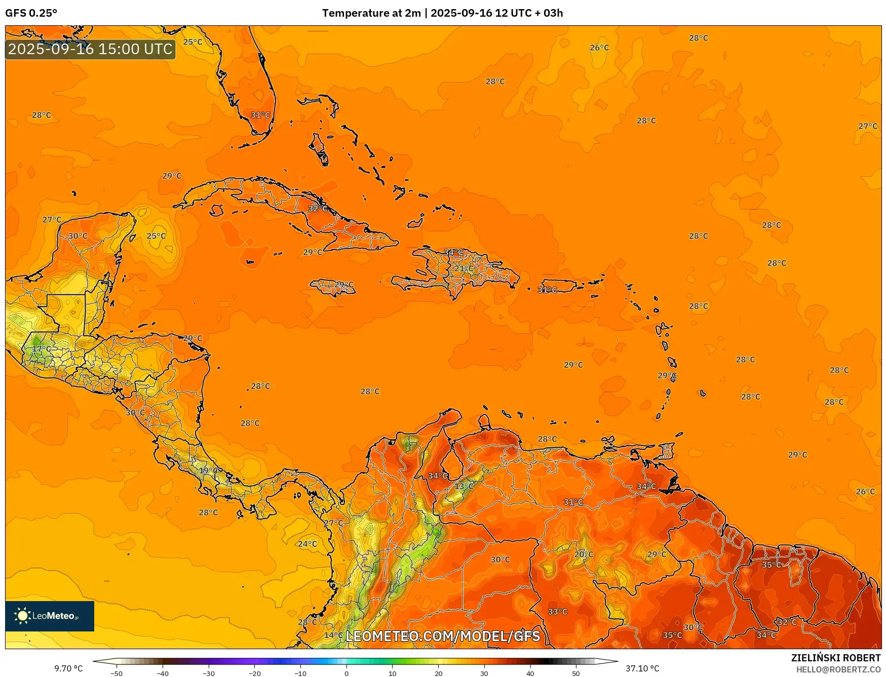 GFS model - Caribbean, Temperature at 2m