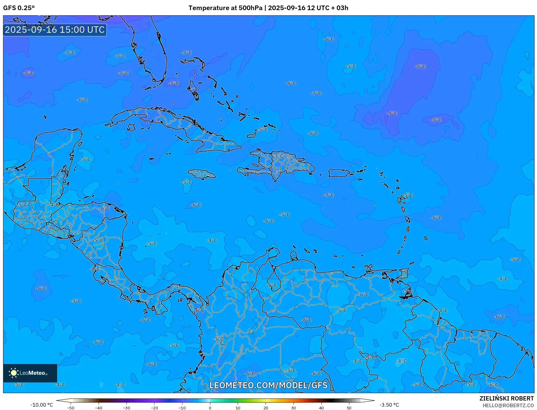 GFS model - Caribbean, Temperature at 500hPa GFS model - Caribbean, Temperature at 500hPa