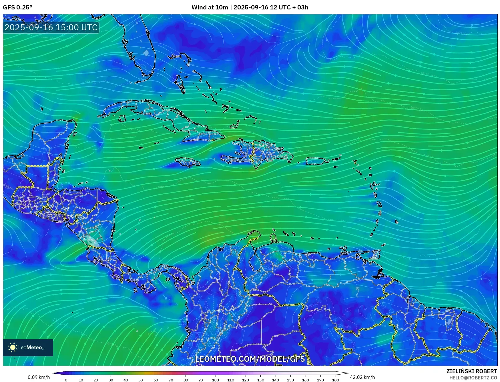 GFS model - Caribbean, Wind at 10m