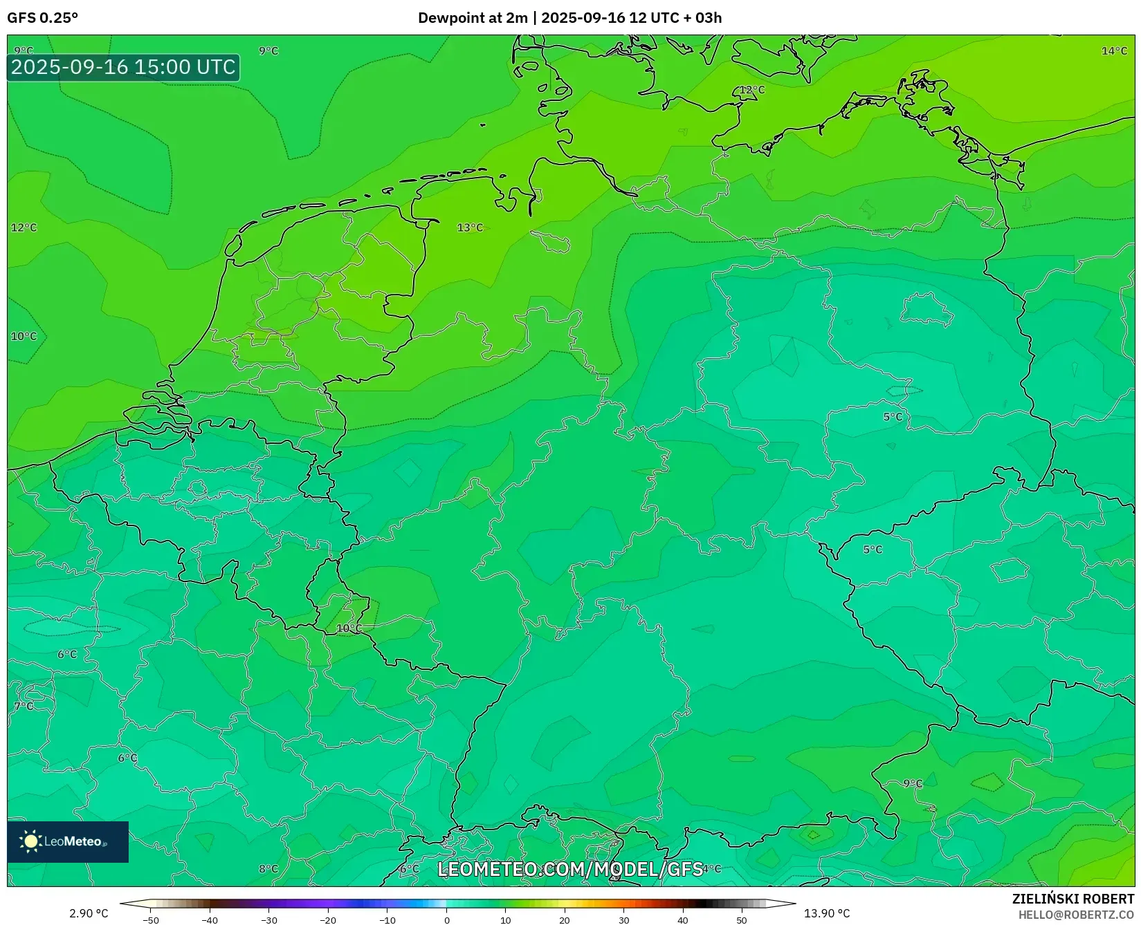 GFS model - Germany, Dewpoint at 2m