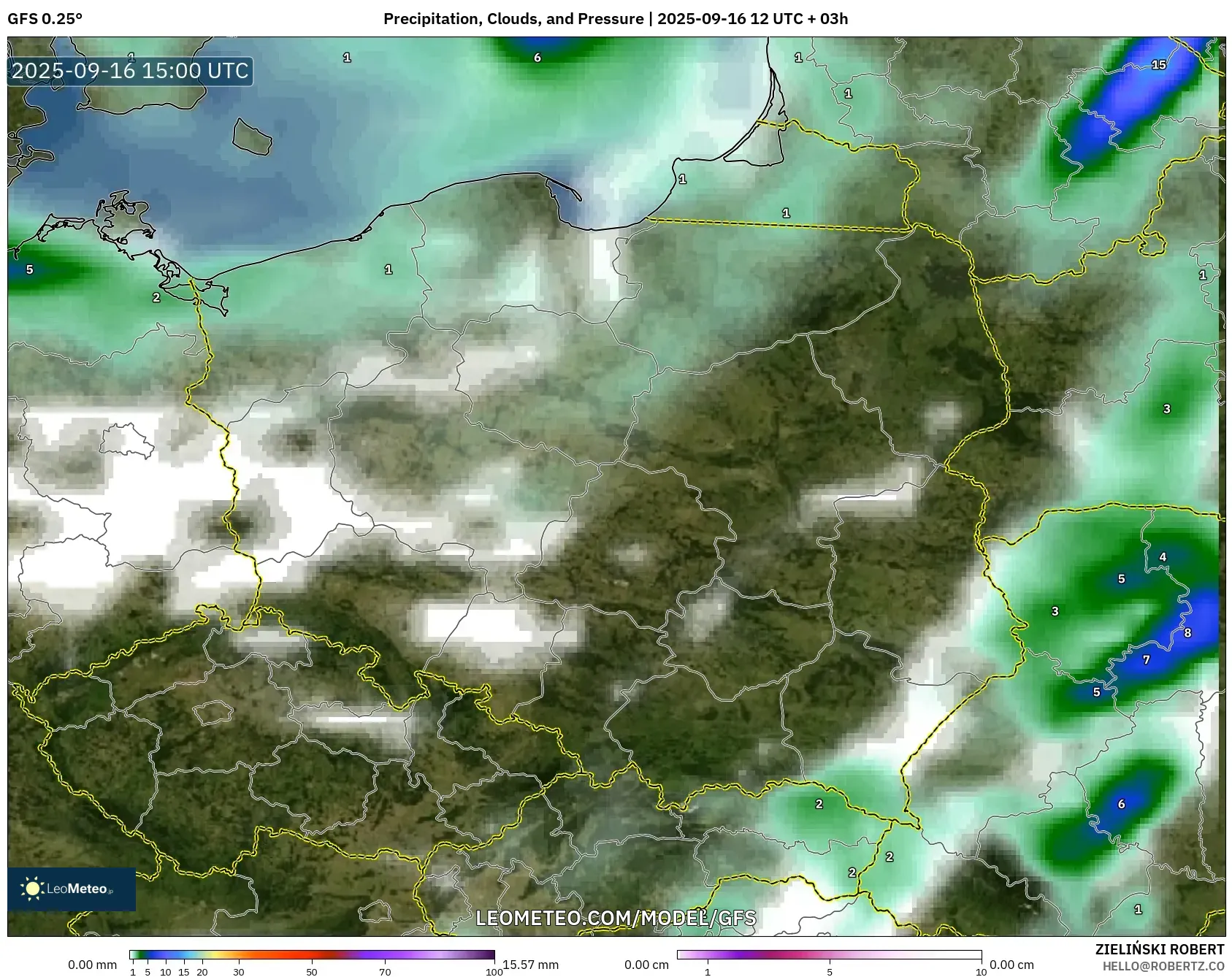 GFS model - Poland, Precipitation, Clouds, and Pressure